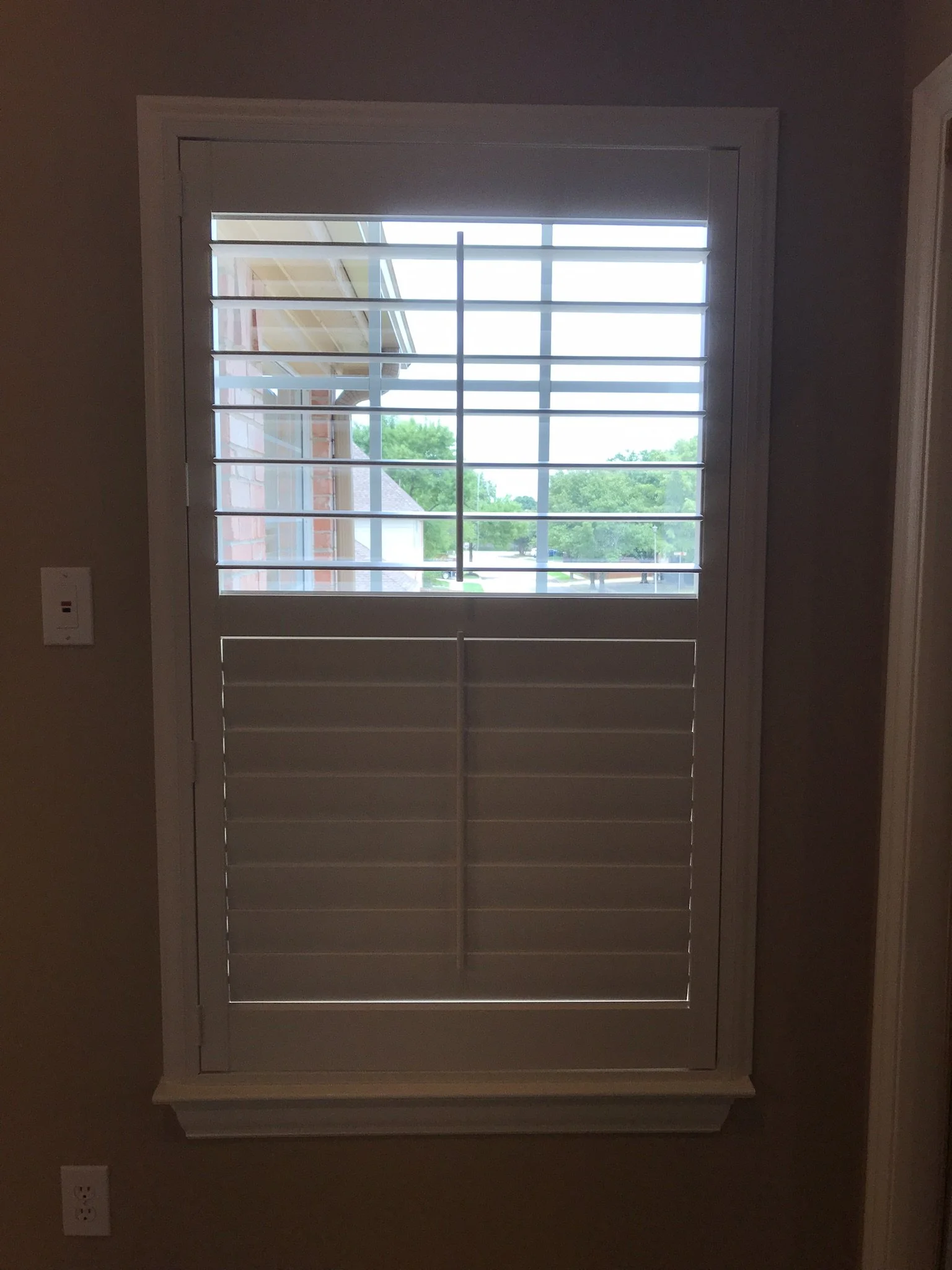 Hunter Douglas Palm Beach Polysatin Vinyl Shutters, 3 1/2" louvers, White Silk, divider rails, front tilt rods, Colonial Z frame, 1 panel and 2 panels, faux shutters.
