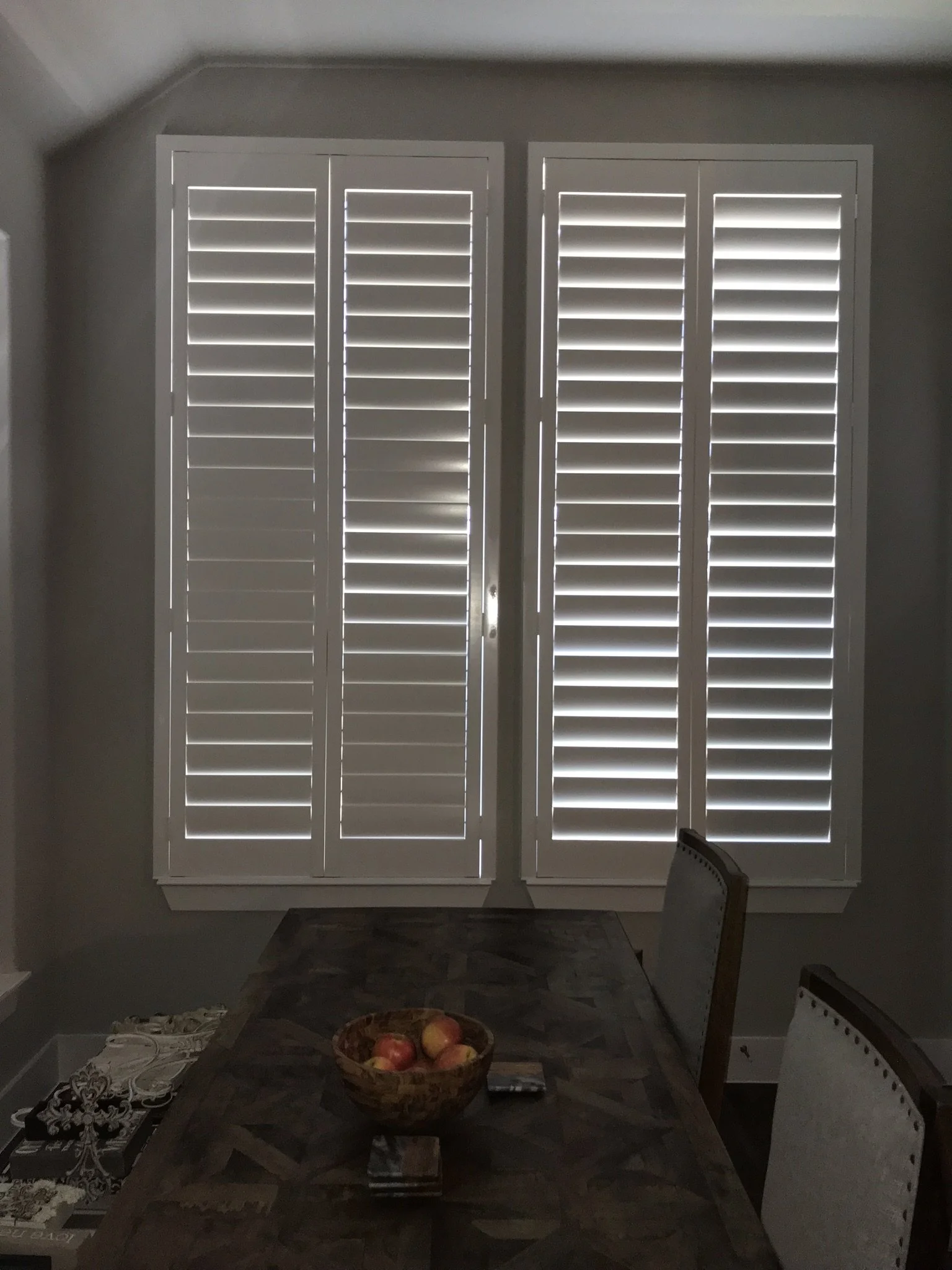 Wood shutters with rear hidden tilt, 4 1/2" louvers, SW Pure White, no divider rails.