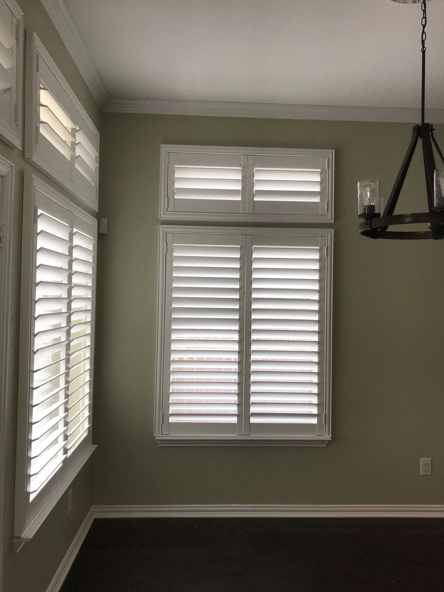 Custom wood shutters with Clearview (no tilt rods), Sherwin Williams Extra White, Belair master and z frame, 3 1/2" louvers, splits @ 50%, 2 panels, 2 panel transoms.