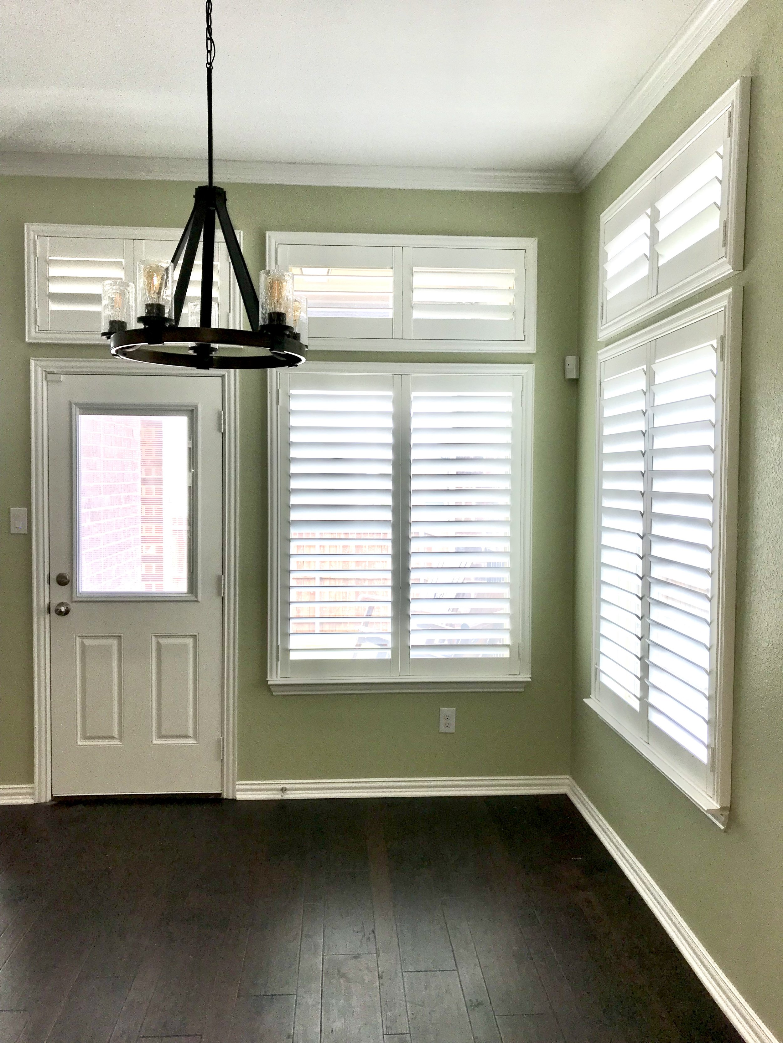Custom wood shutters with Clearview (no tilt rods), Sherwin Williams Extra White, Belair master and z frame, 3 1/2" louvers, splits @ 50%, 2 panels, 2 panel transoms.