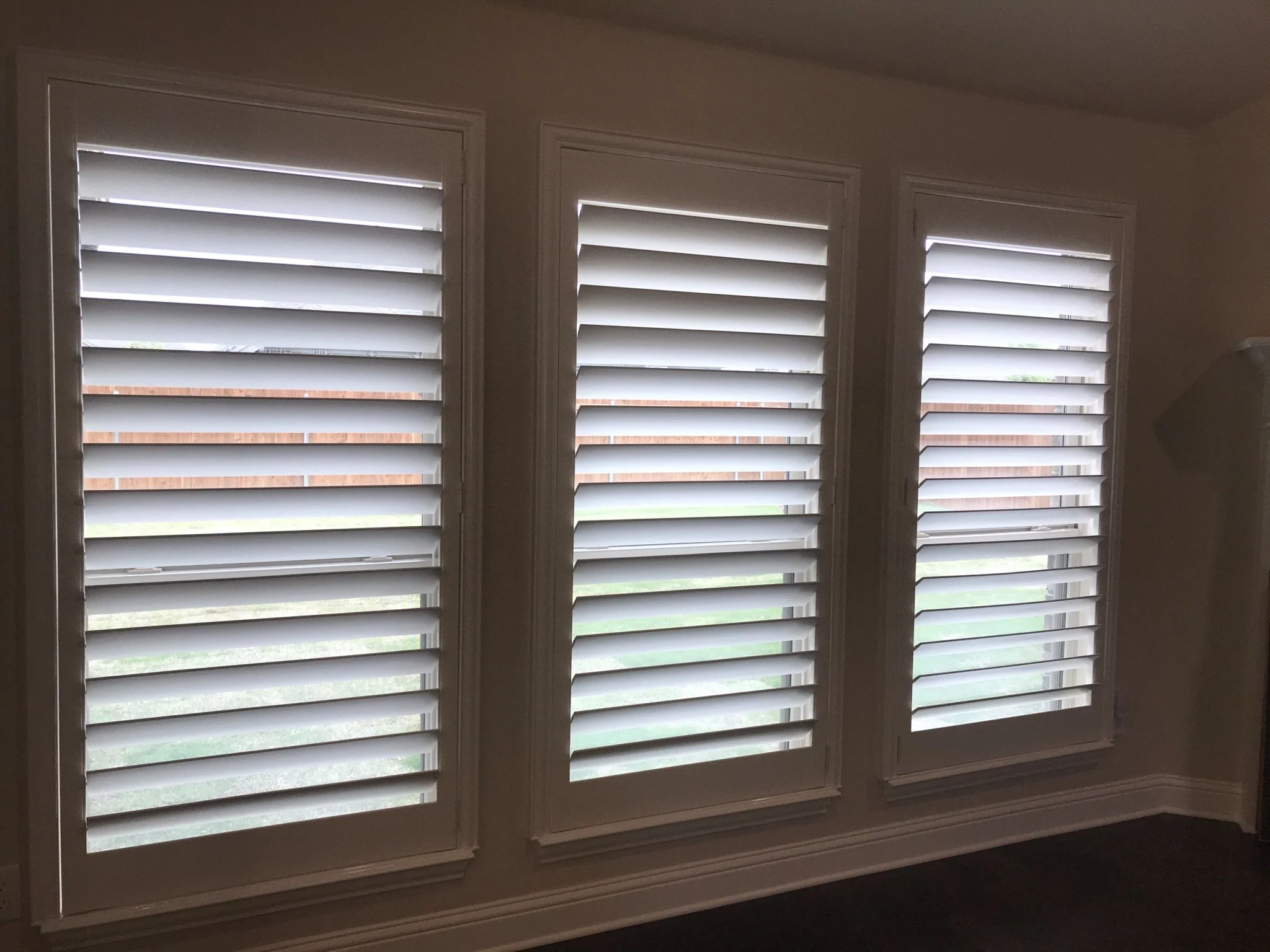 Custom Wood Shutters with Clearview (no tilt rod), 4 1/2" louvers, no divider rails, splits @ 50%, painted, 1 panel.