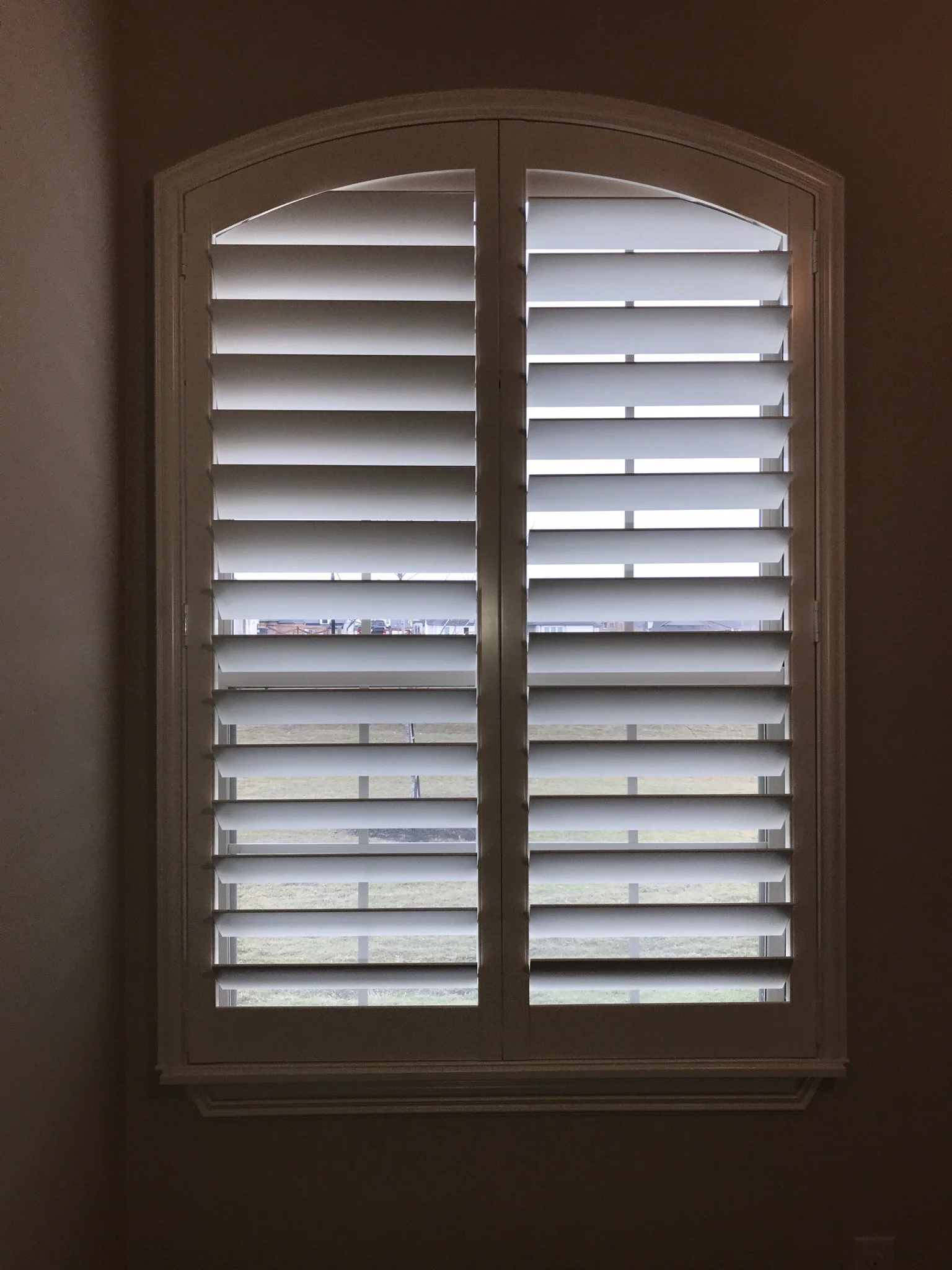 Eyebrow arched top wood shutter with rear tilt, 2 panels, painted white, no divider rails.