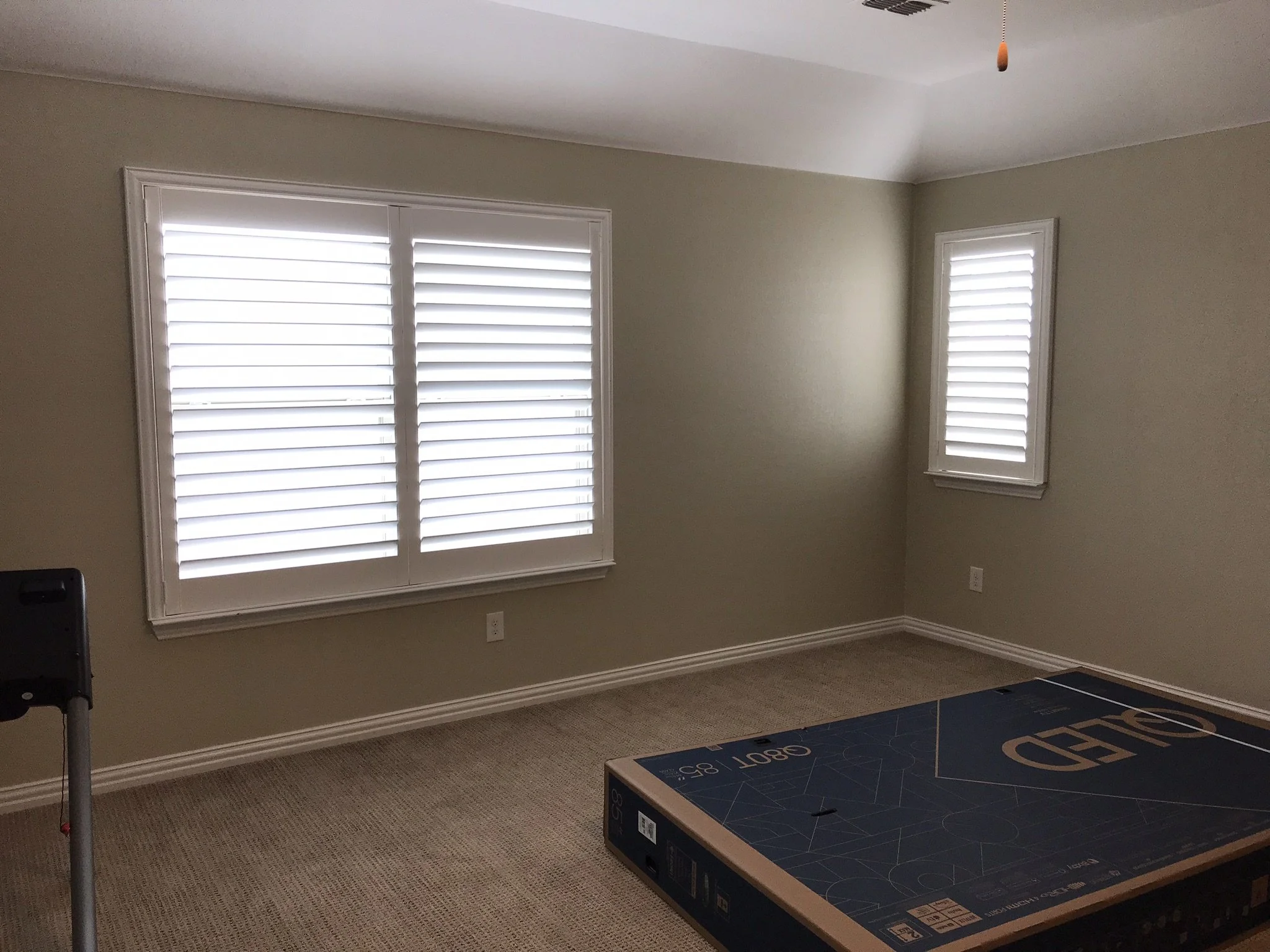 Custom wood shutters with Clearview (no tilt rods), Sherwin Williams Extra White, Belair master and z frame, 3 1/2" louvers, splits @ 50%, 1 panel and 2 panels.