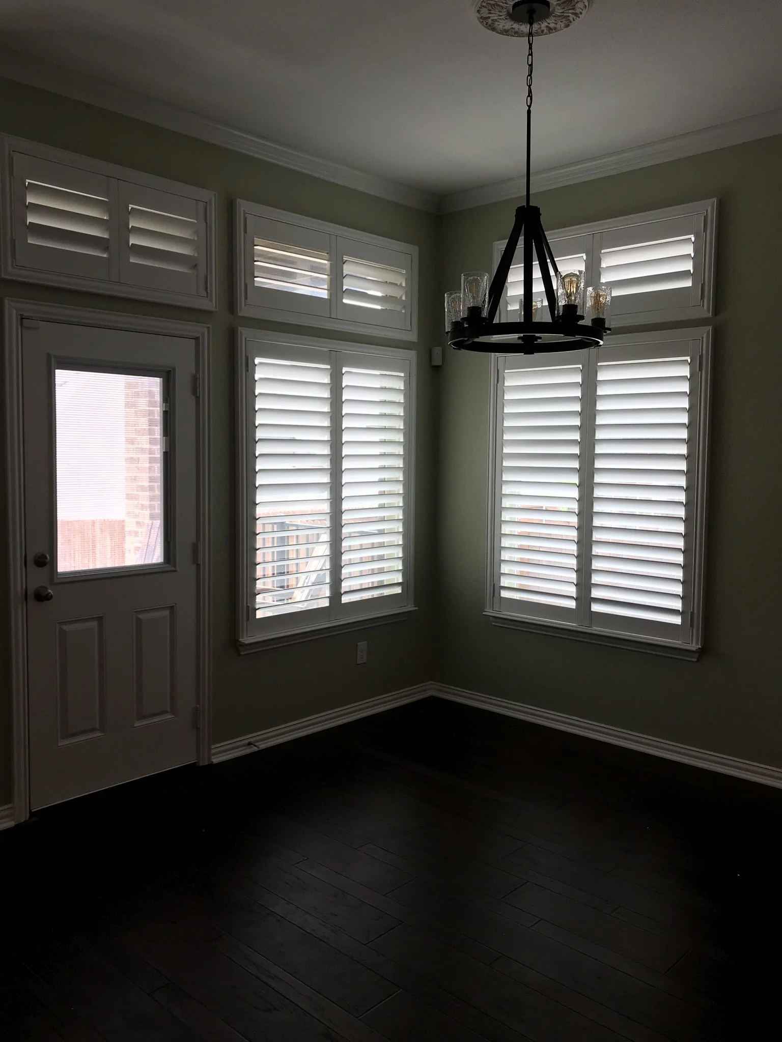 Custom wood shutters with Clearview (no tilt rods), Sherwin Williams Extra White, Belair master and z frame, 3 1/2" louvers, splits @ 50%, 2 panels, 2 panel transoms.