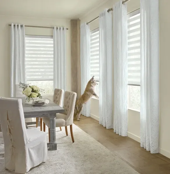 Hunter Douglas white shades with PowerView motorization, light filtering fabric, bottom-up.