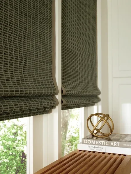 Hunter Douglas Provenance Woven Wood shades available standard, waterfall or recessed Roman fold, edge binding, top-down bottom-up, independent operable liner, motorized, cordless, PowerView, cornice, modern, standard Roman valance, UltraGlide, EasyR