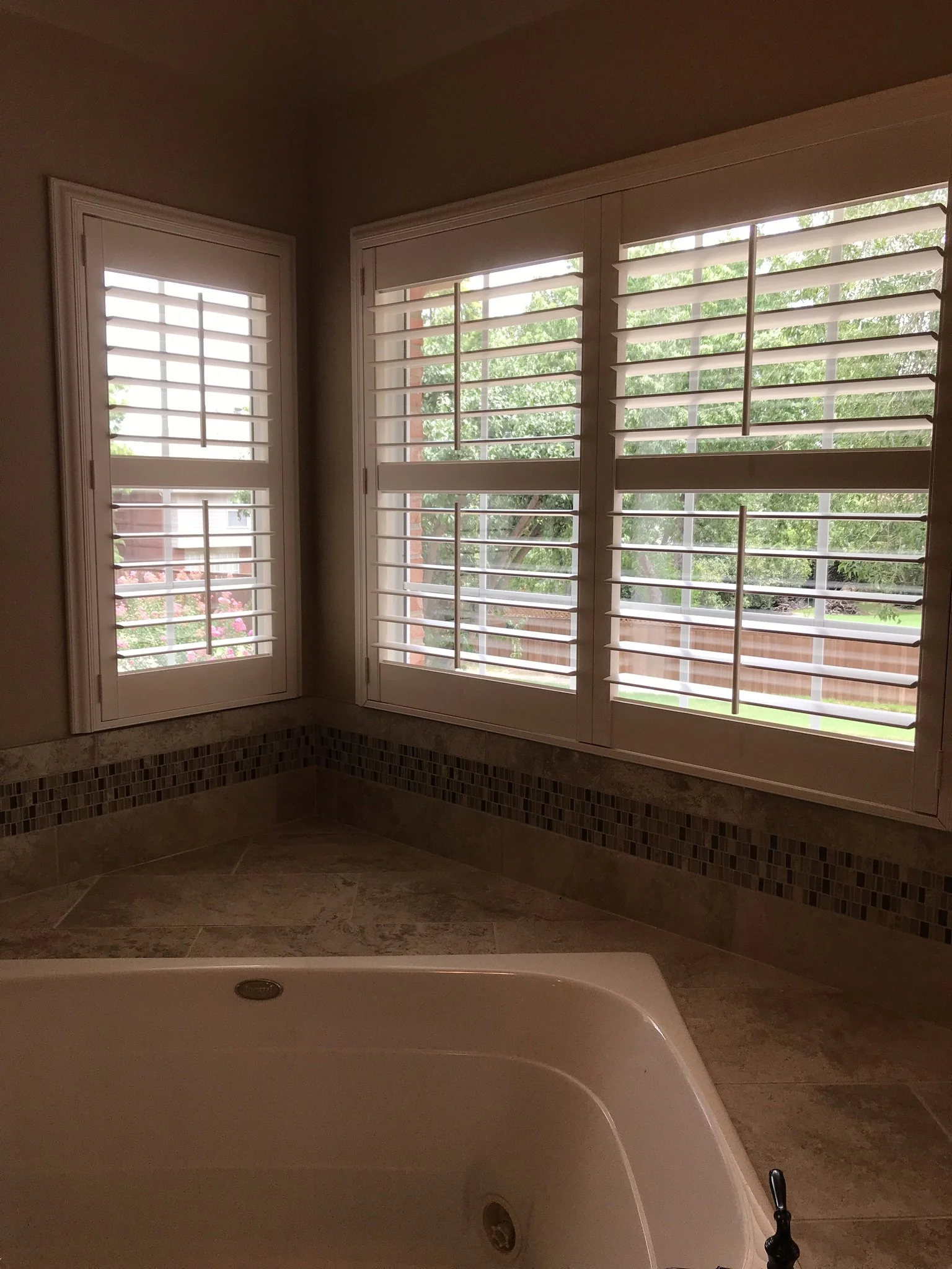Hunter Douglas Palm Beach Polysatin Vinyl Shutters, 3 1/2" louvers, White Silk, divider rails, front tilt rods, Colonial Z frame, 1 panel and 2 panels, faux shutters.
