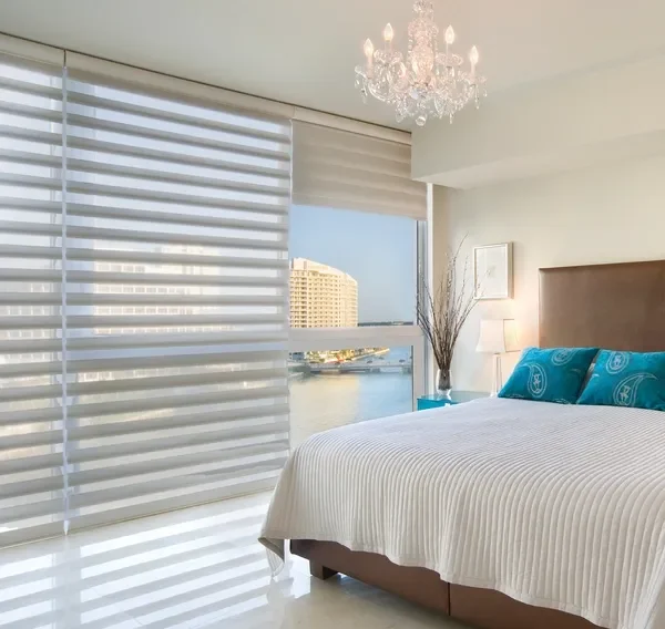 Hunter Douglas Alustra Pirouette shadings PowerView, 5" room darkening or 5" light filtering vanes.