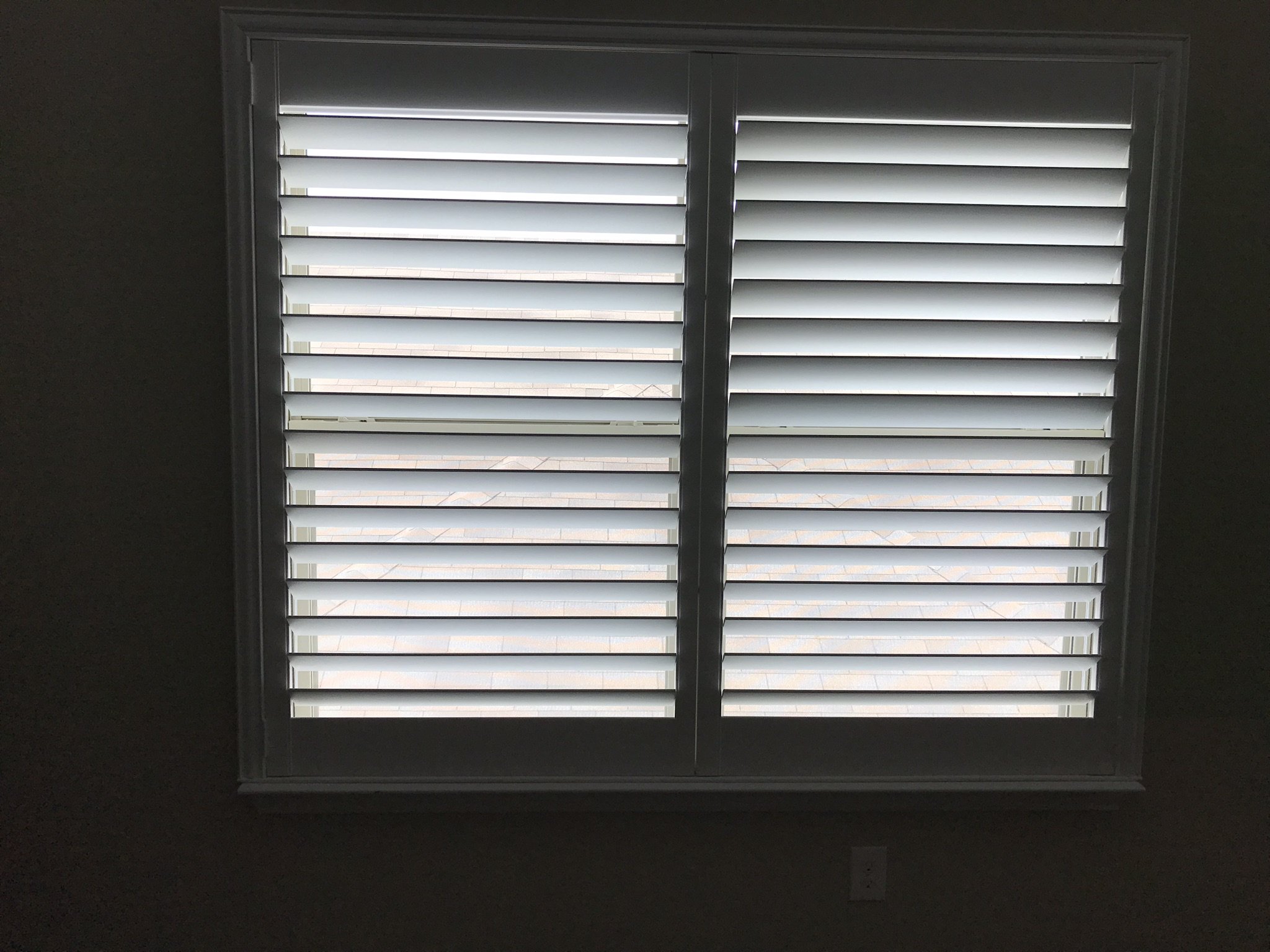 Custom wood shutters with Clearview (no tilt rods), Sherwin Williams Extra White, Belair master and z frame, 3 1/2" louvers, splits @ 50%, 2 panels, 2 panel transoms.