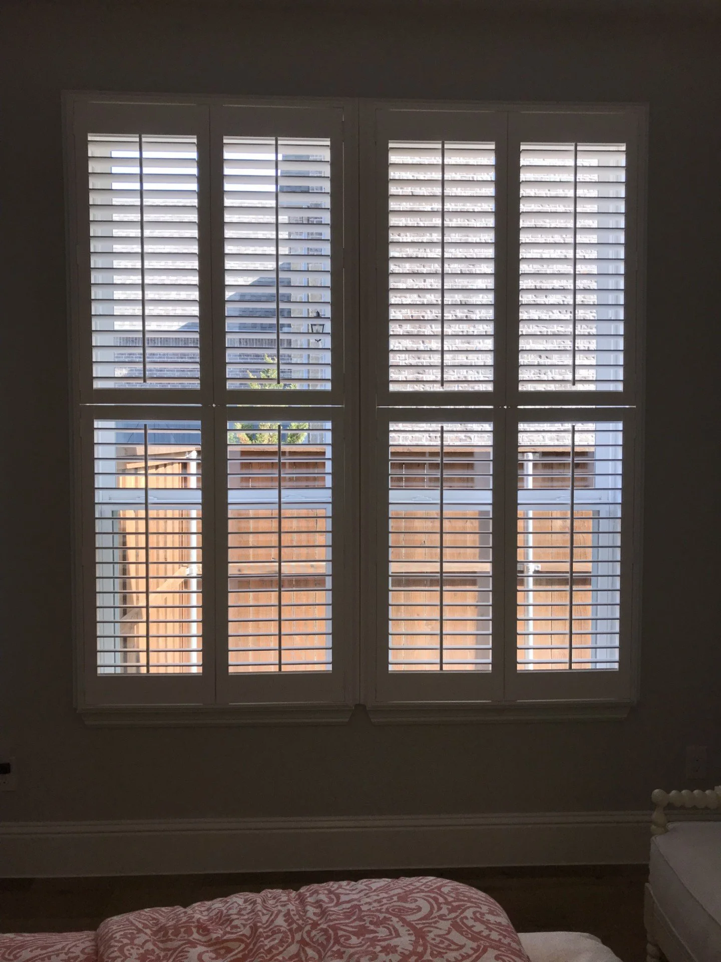Hunter Douglas Palm Beach Polysatin Vinyl Shutters, double hung, bright white, deluxe casing frame, modern z frame, 2 1/2" louvers with front tilt, 2 panels.