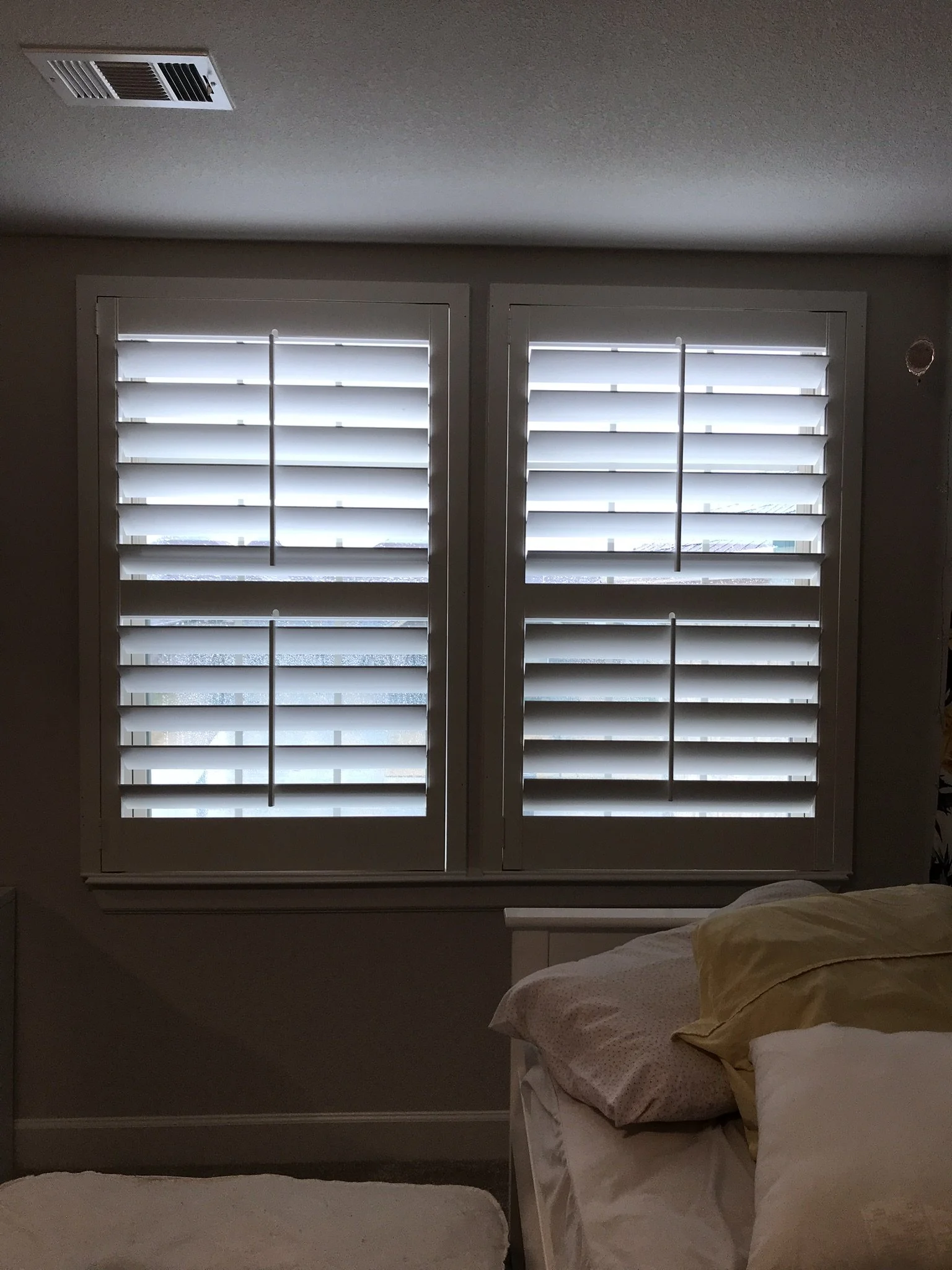 Wood Shutters with tilt rods, painted white, flat master frame, divider rails, 1 panel.