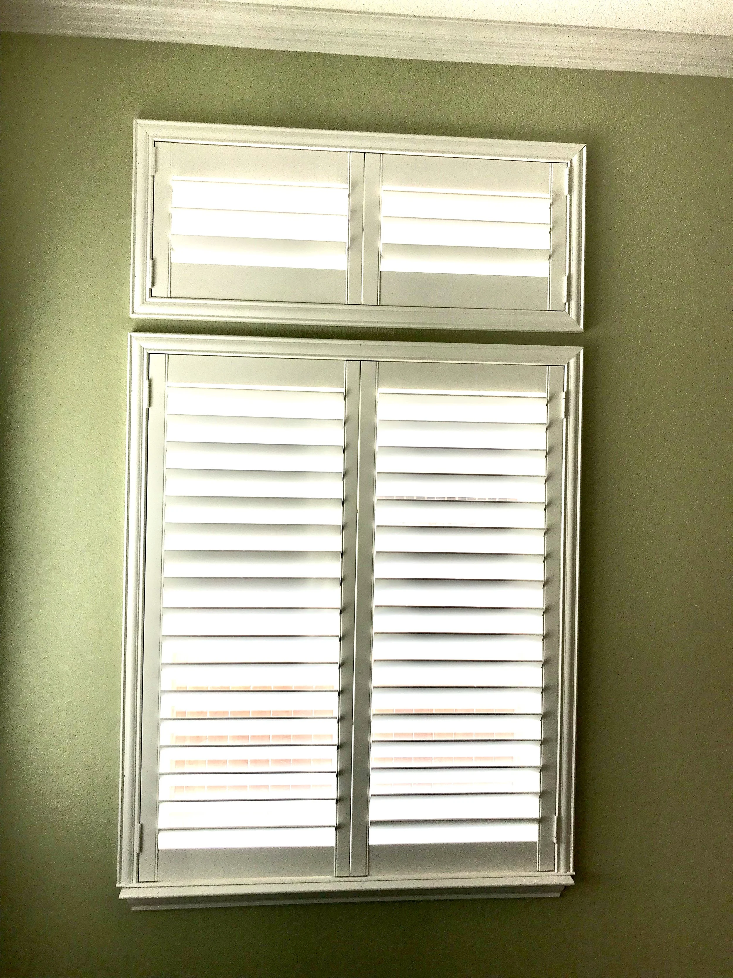 Custom wood shutters with Clearview (no tilt rods), Sherwin Williams Extra White, Belair master and z frame, 3 1/2" louvers, splits @ 50%, 2 panels, 2 panel transoms.