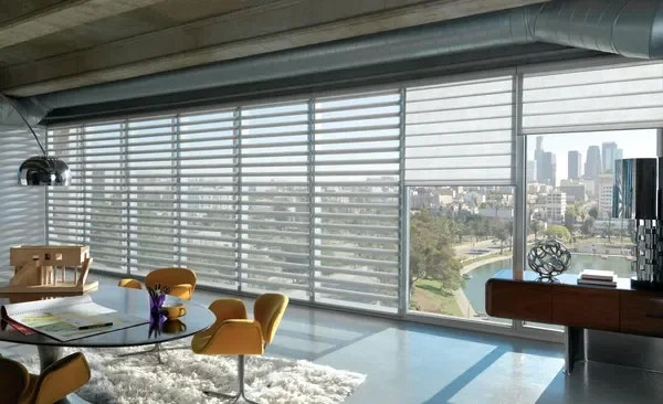 Hunter Douglas Alustra Pirouette shadings PowerView, 5" room darkening or 5" light filtering vanes.