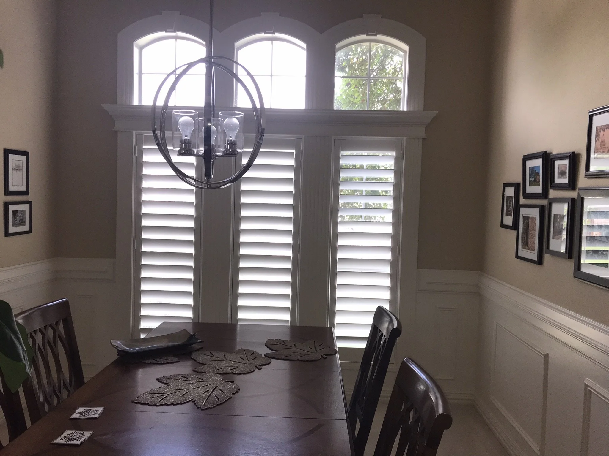 Custom Wood Shutters with Clearview (no tilt rod), 4 1/2" louvers, painted SW Extra White semi-gloss, beaded L frame, no divider rails, rear tilt split, 1 panel each.