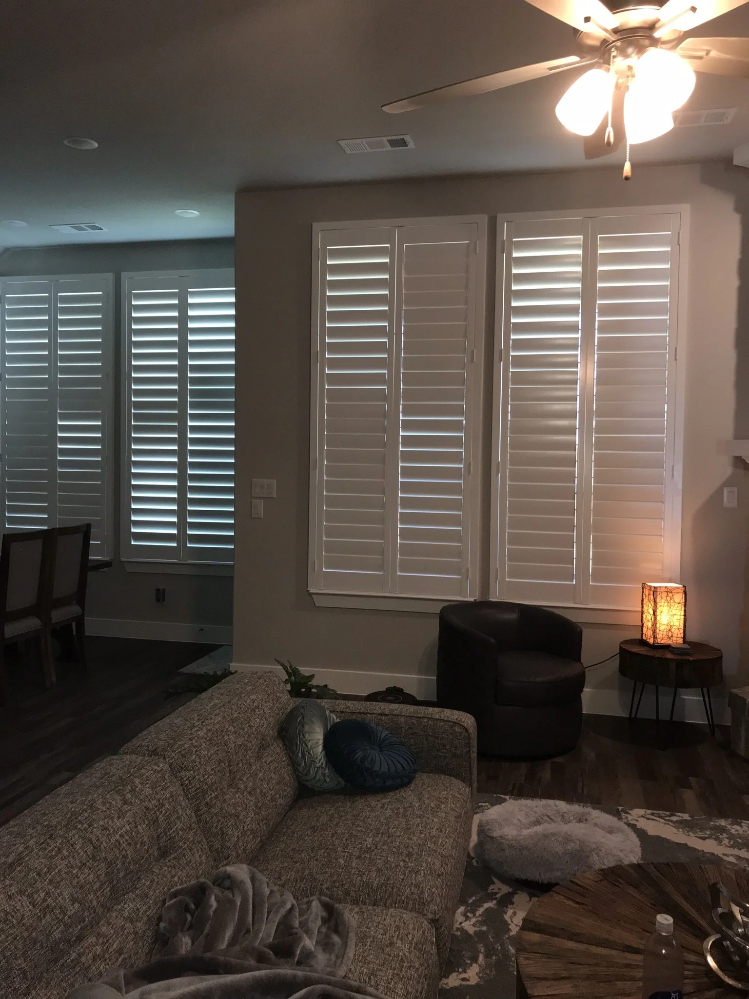 Wood shutters with rear hidden tilt, 4 1/2" louvers, SW Pure White, no divider rails.  