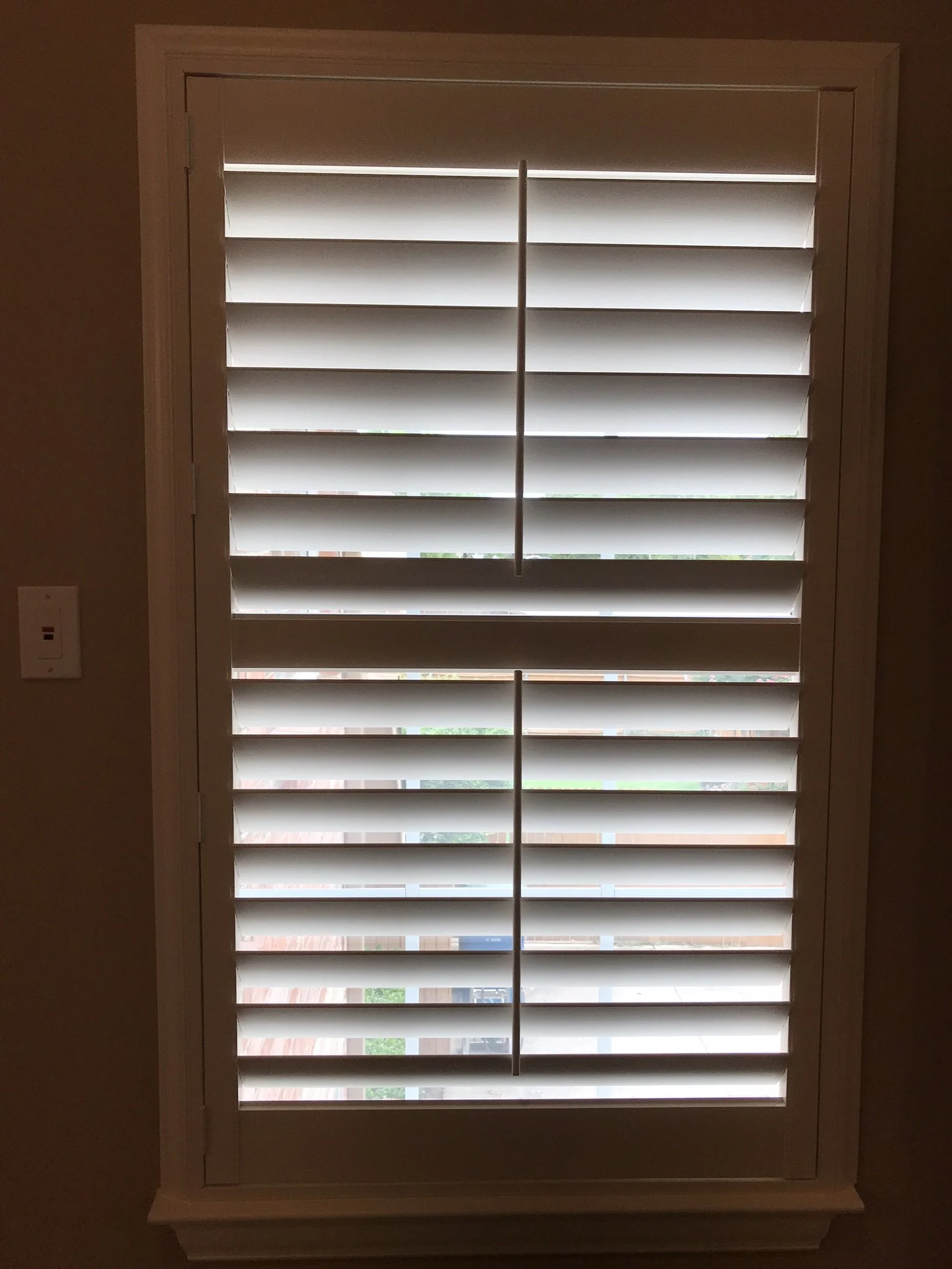 Hunter Douglas Palm Beach Polysatin Vinyl Shutters, 3 1/2" louvers, White Silk, divider rails, front tilt rods, Colonial Z frame, 1 panel and 2 panels, faux shutters.