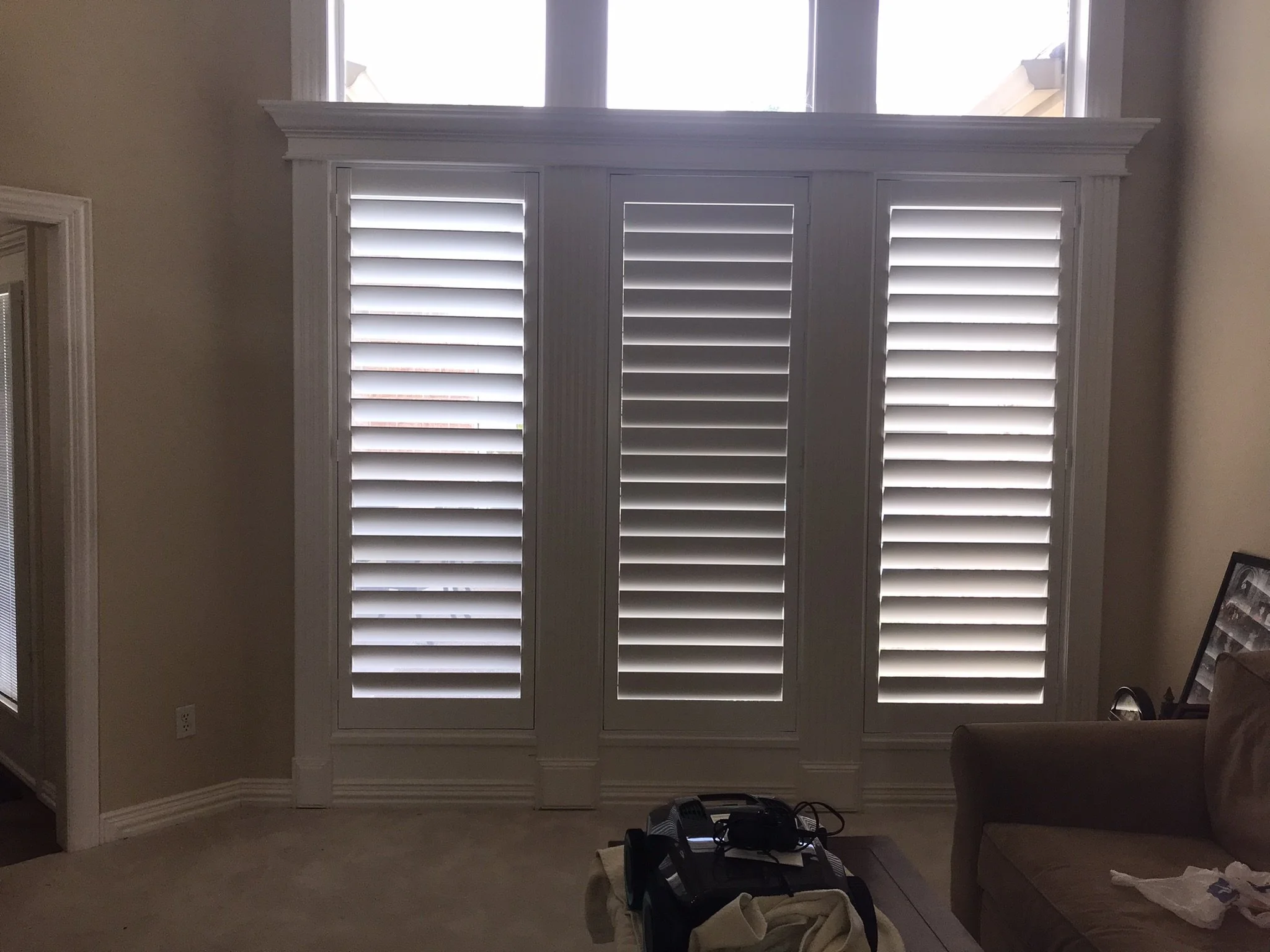 Custom Wood Shutters with Clearview (no tilt rod), 4 1/2" louvers, painted SW Extra White semi-gloss, beaded L frame, no divider rails, rear tilt split, 1 panel each.
