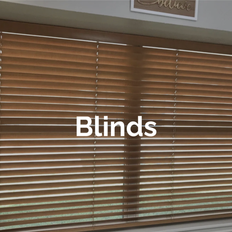 Close-up of 2" stained wooden horizontal blinds covering a window in a room.