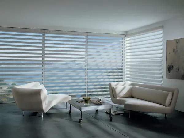Hunter Douglas Alustra Pirouette shadings PowerView, 5" room darkening or 5" light filtering vanes.