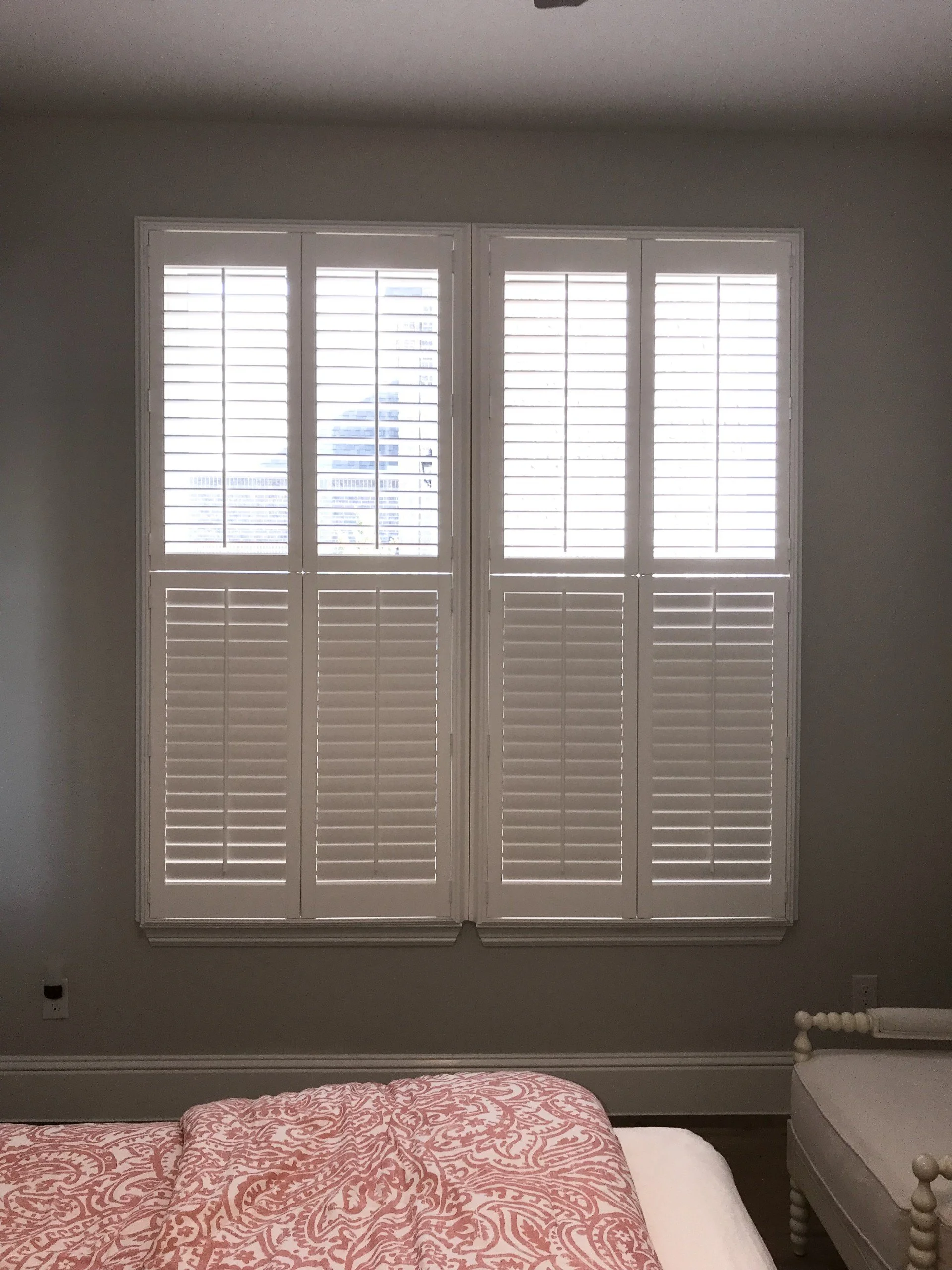 Hunter Douglas Palm Beach Polysatin Vinyl Shutters, double hung, bright white, deluxe casing frame, modern z frame, 2 1/2" louvers with front tilt, 2 panels.