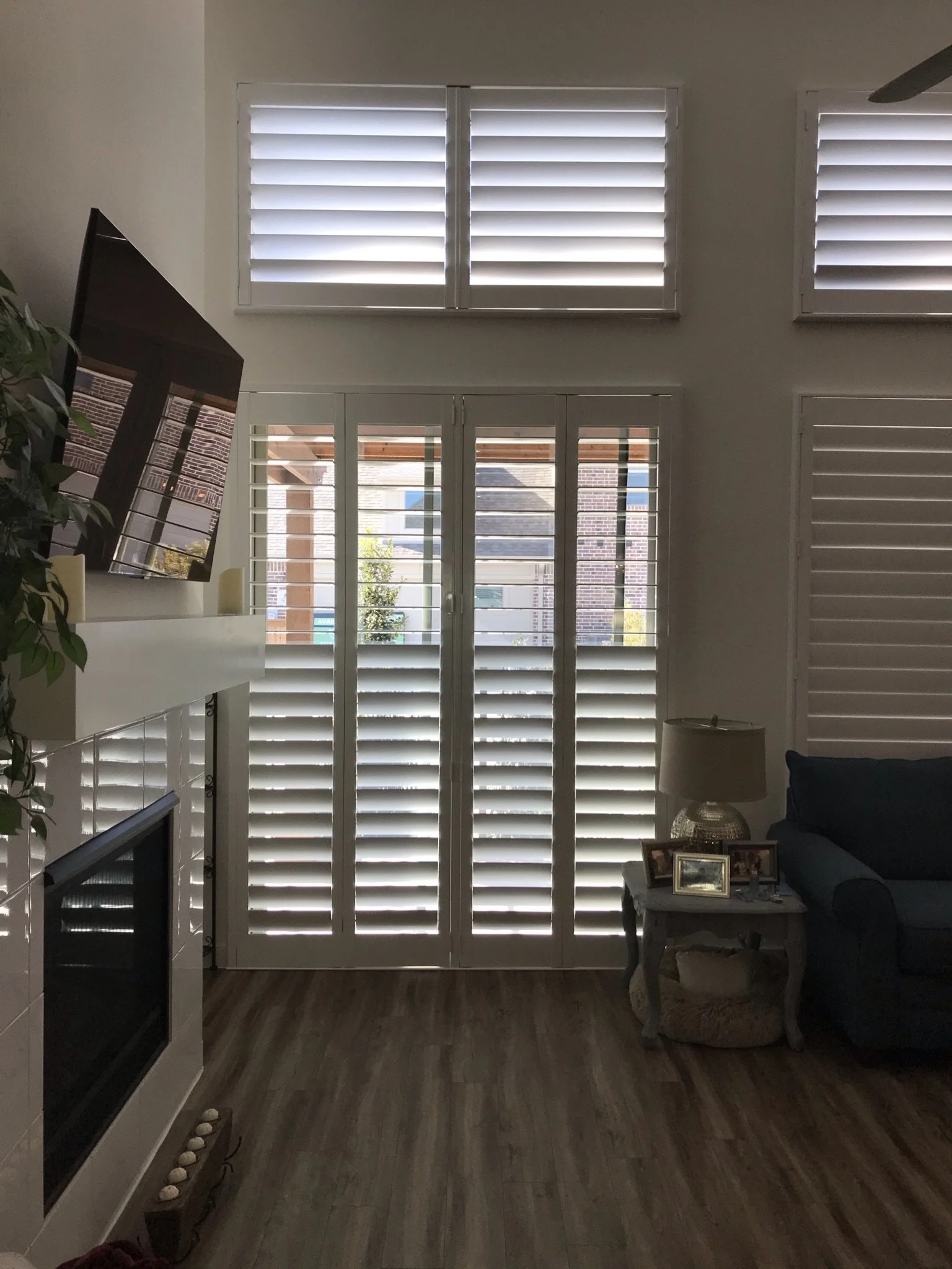 4 1/2" Clearview bi-fold wood shutter for sliding glass door, painted SW Pure White, 1 t-post, 4 panels.