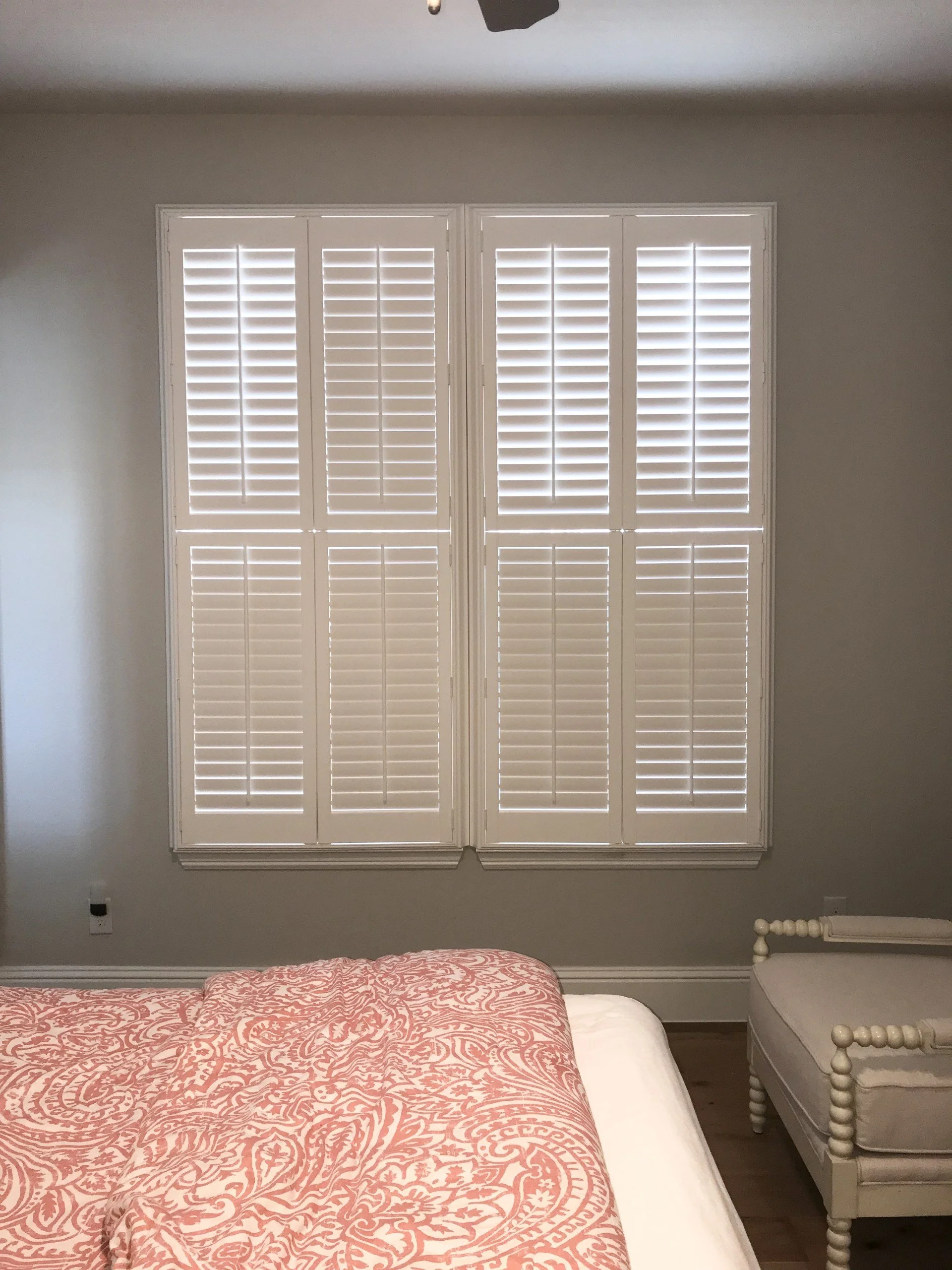 Hunter Douglas Palm Beach Polysatin Vinyl Shutters, double hung, bright white, deluxe casing frame, modern z frame, 2 1/2" louvers with front tilt, 2 panels.