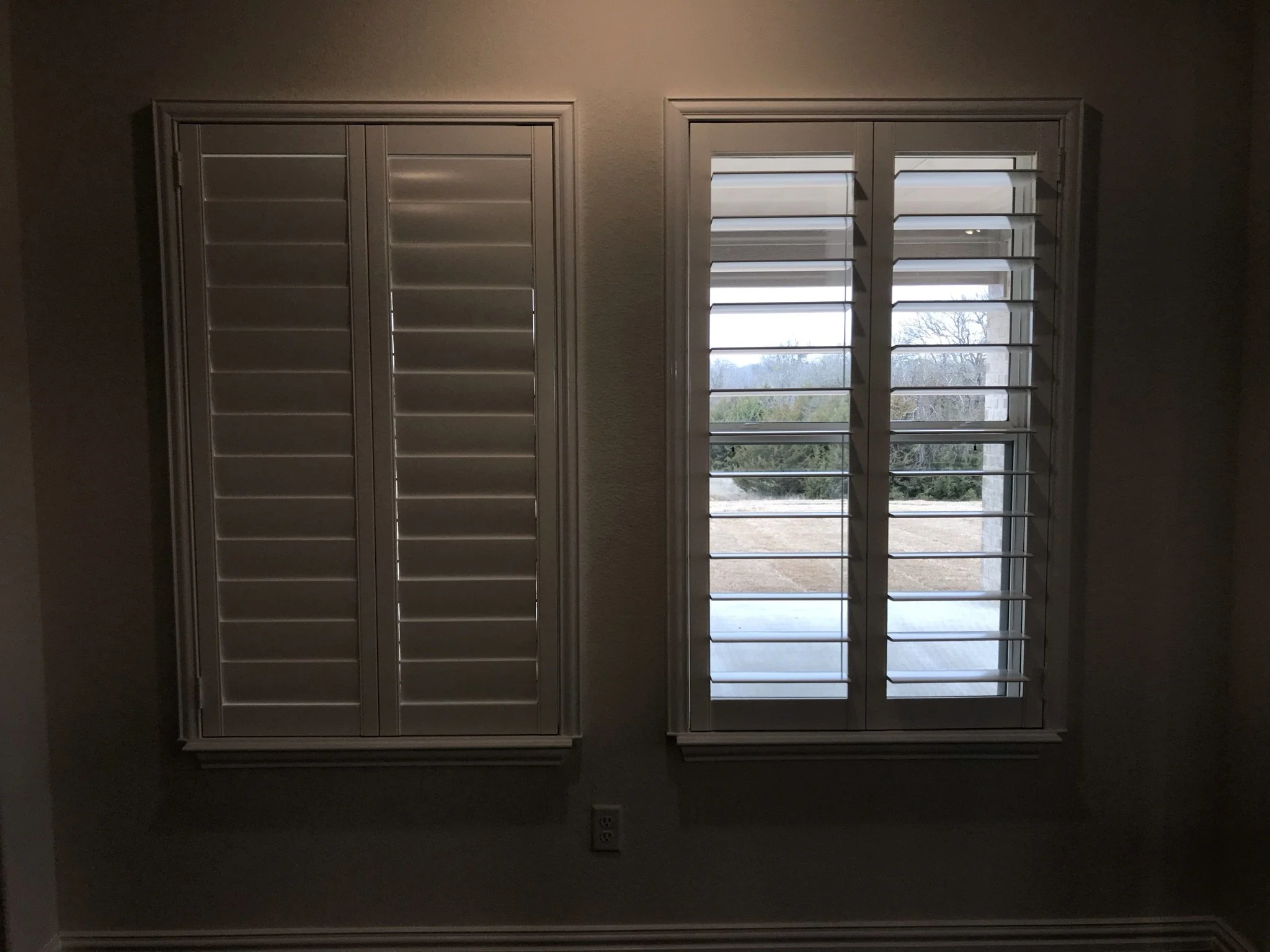 Custom wood shutters with clearview (rear hidden tilt), 4 1/2" louvers, painted, no divider rails.