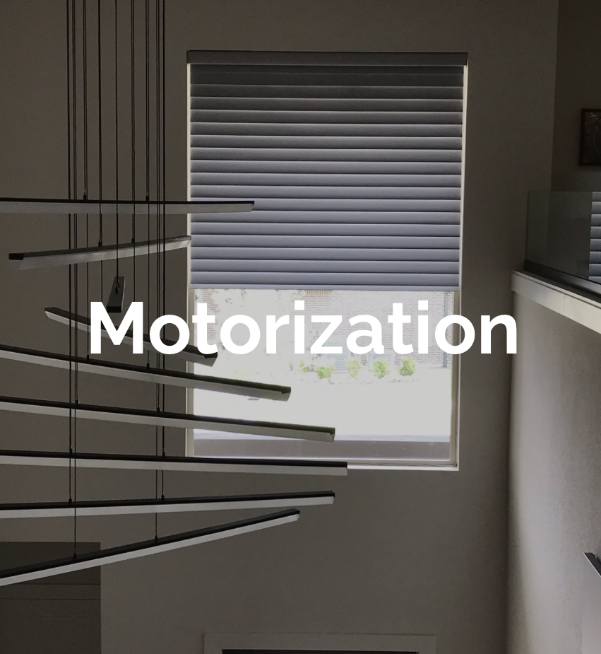 Interior view of a modern stairway with open risers and black stringer, adjacent to a window with Hunter Douglas Nantucket Window Shadings with PowerView motorization, Misty Harbor 3" Oyster, bottom-up shade with remote control.