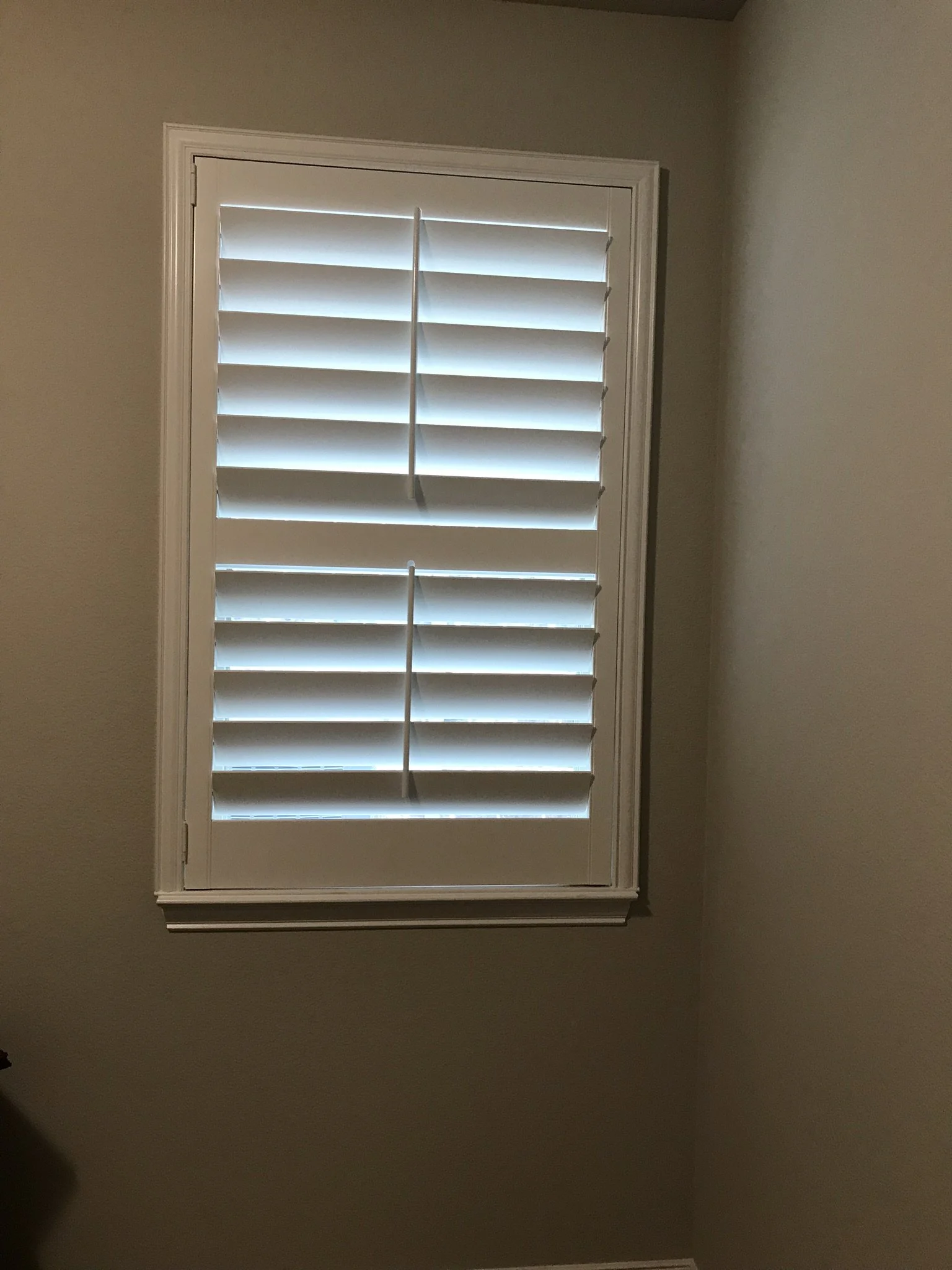 Wood Shutters with tilt rods, painted white, flat master frame, divider rail, 1 panel.