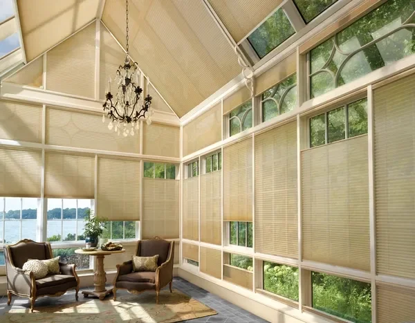 Hunter Douglas Duette Shades with PowerView motorization, top-down, bottom-up option, light filtering fabric, and operable specialty shapes.