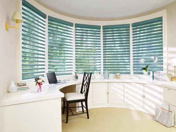 Hunter Douglas Pirouette with Powerview motorization, 5" vanes, light filtering fabric.