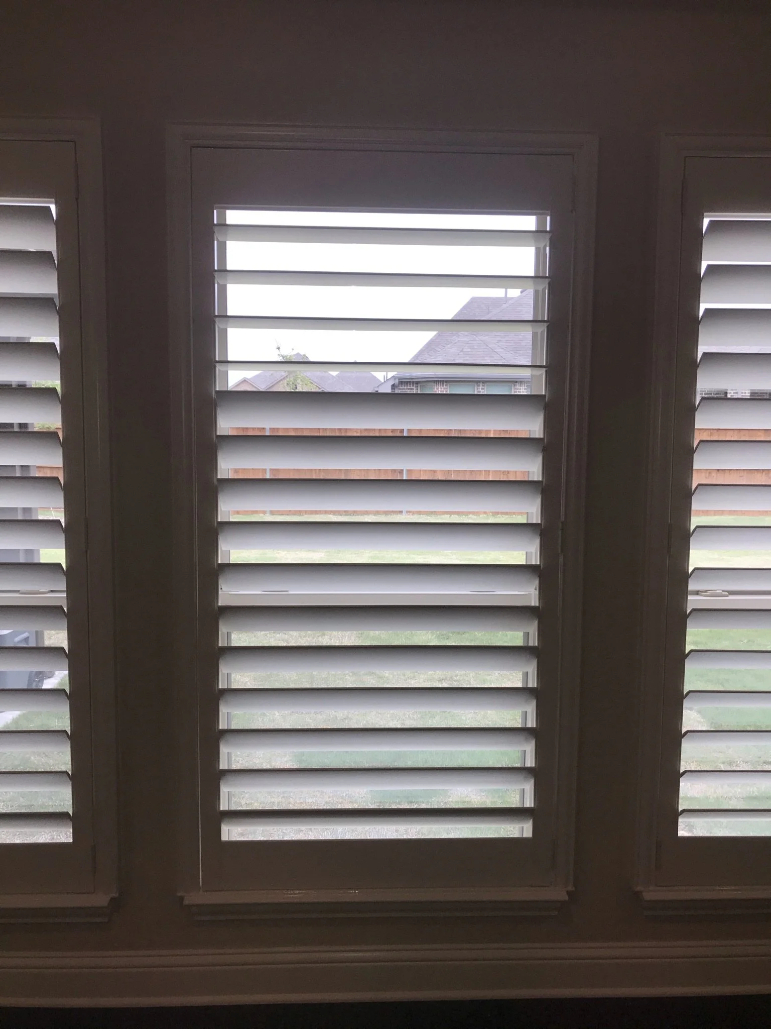 Custom Wood Shutters with Clearview (no tilt rod), 4 1/2" louvers, no divider rails, splits @ 50%, painted, 1 panel.