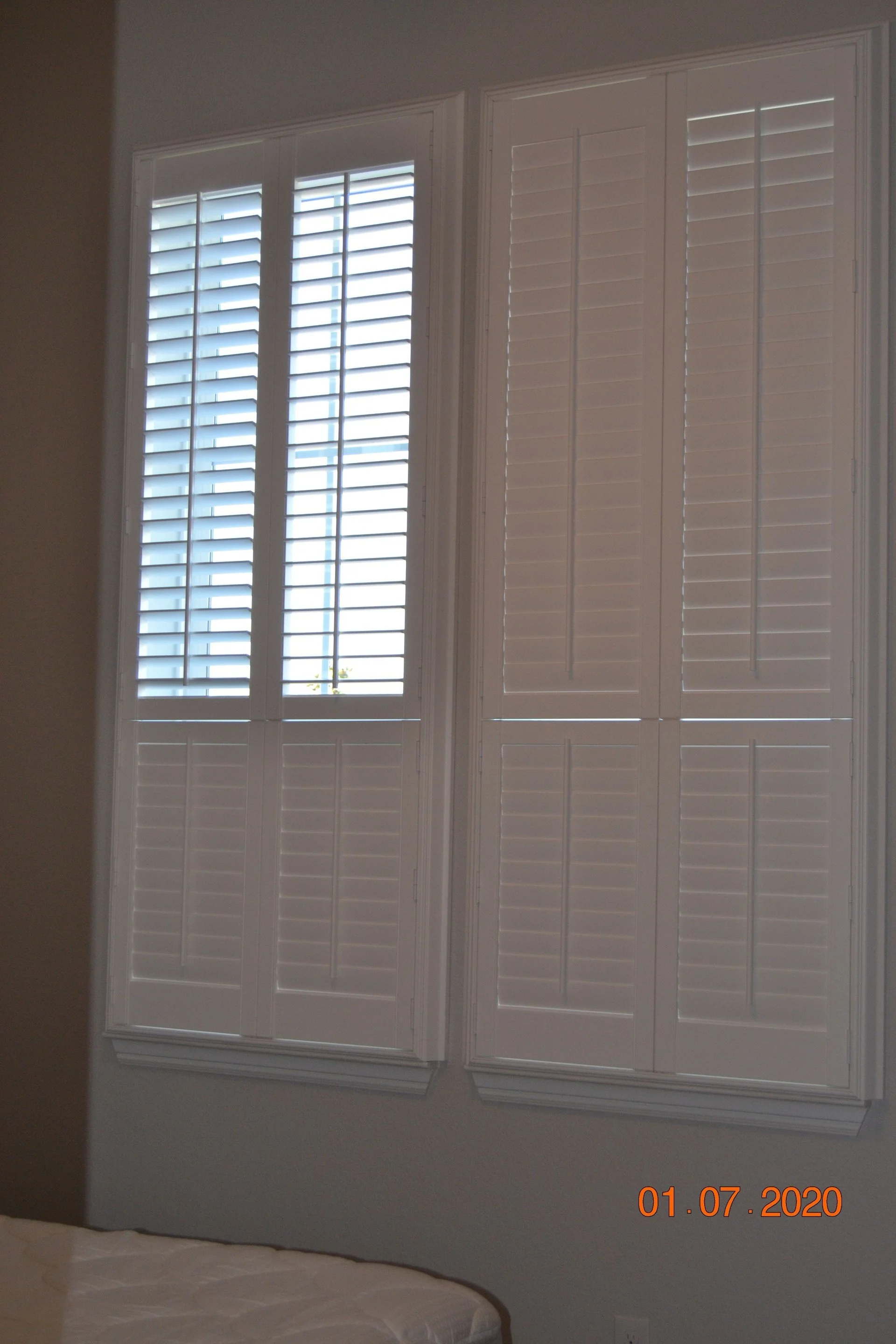 Hunter Douglas Palm Beach Polysatin Vinyl Shutters, double hung, bright white, deluxe casing frame, modern z frame, 2 1/2" louvers with front tilt, 2 panels.