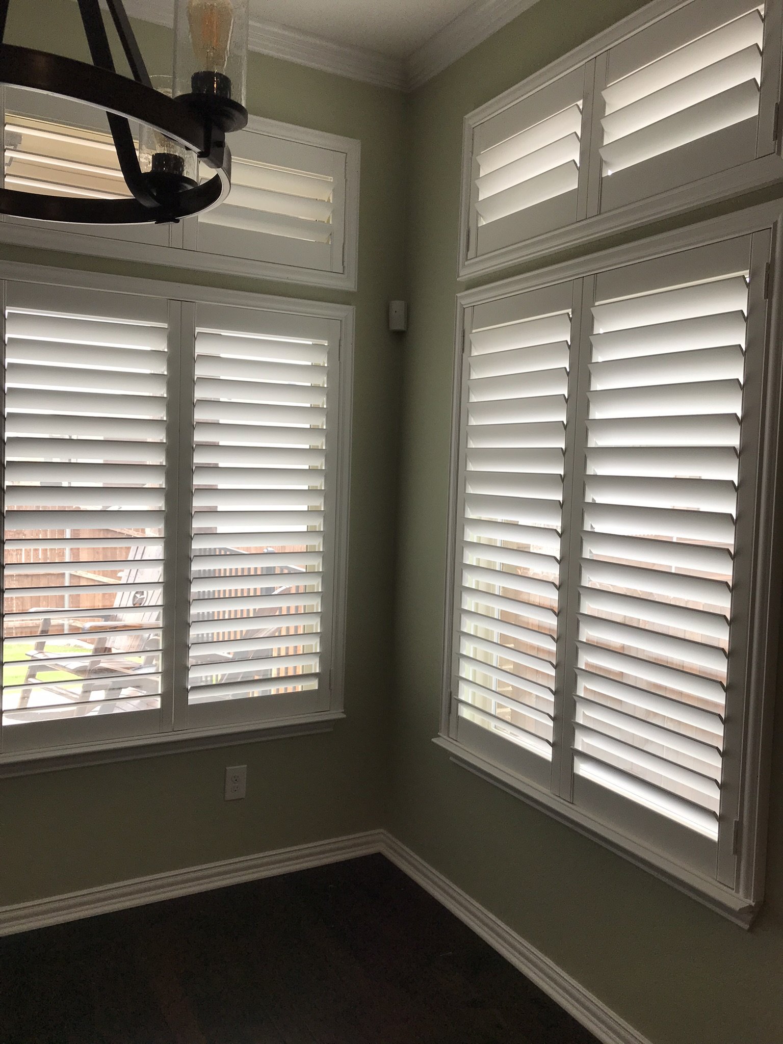 Custom wood shutters with Clearview (no tilt rods), Sherwin Williams Extra White, Belair master and z frame, 3 1/2" louvers, splits @ 50%, 2 panels, 2 panel transoms.