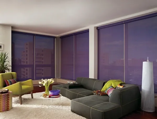 Hunter Douglas Designer Roller Screen Shades with PowerView motorization, bottom-up, cassette, flat wrapped or metal bottom bar.