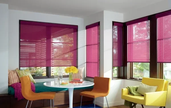Hunter Douglas Designer Roller Screen Shades with PowerView motorization, bottom-up, cassette, flat wrapped or metal bottom bar.