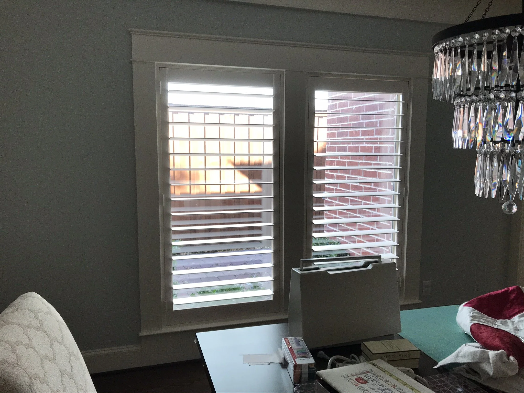 Custom wood plantation shutters with clearview (rear hidden tilt), 4 1/2" louvers, painted, no splits.  1 panel.