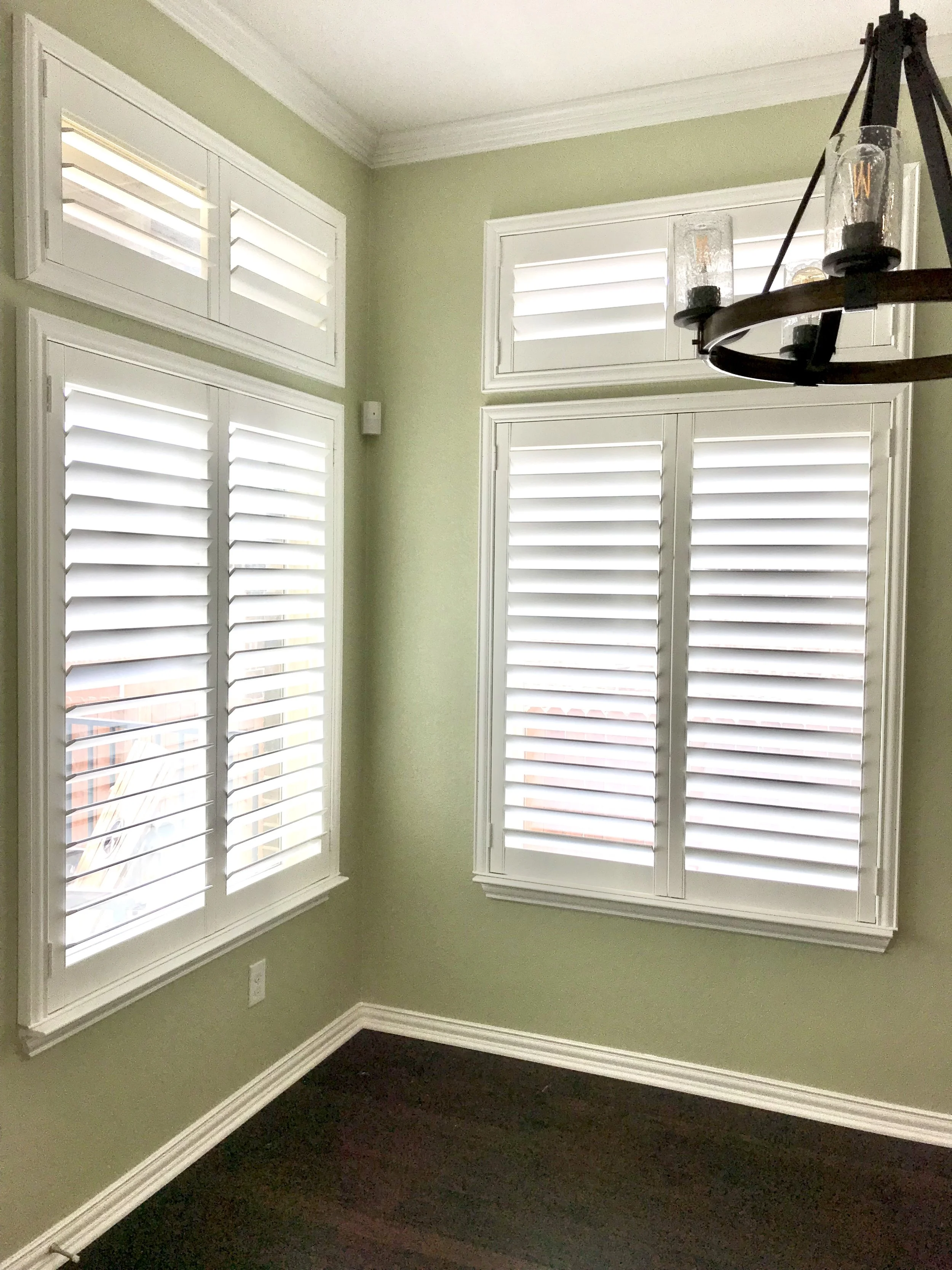 Custom wood shutters with Clearview (no tilt rods), Sherwin Williams Extra White, Belair master and z frame, 3 1/2" louvers, splits @ 50%, 2 panels, 2 panel transoms.