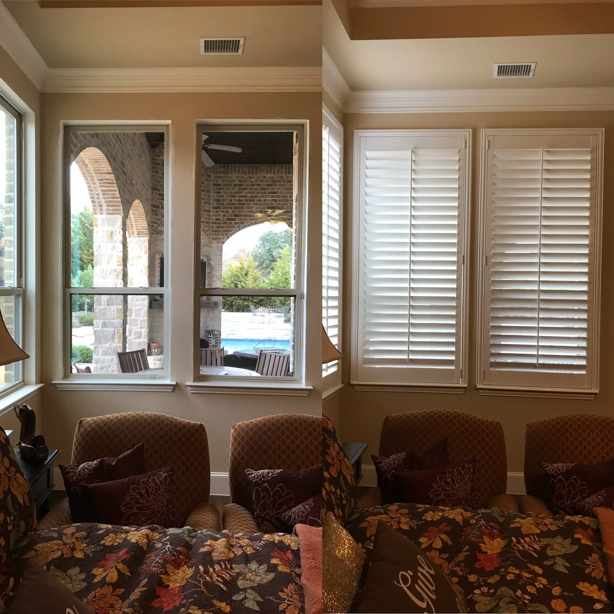 Custom painted wood shutters, 3 1/2" louvers, front tilt rod, painted alabaster to match sills, 1 panel, master frame.