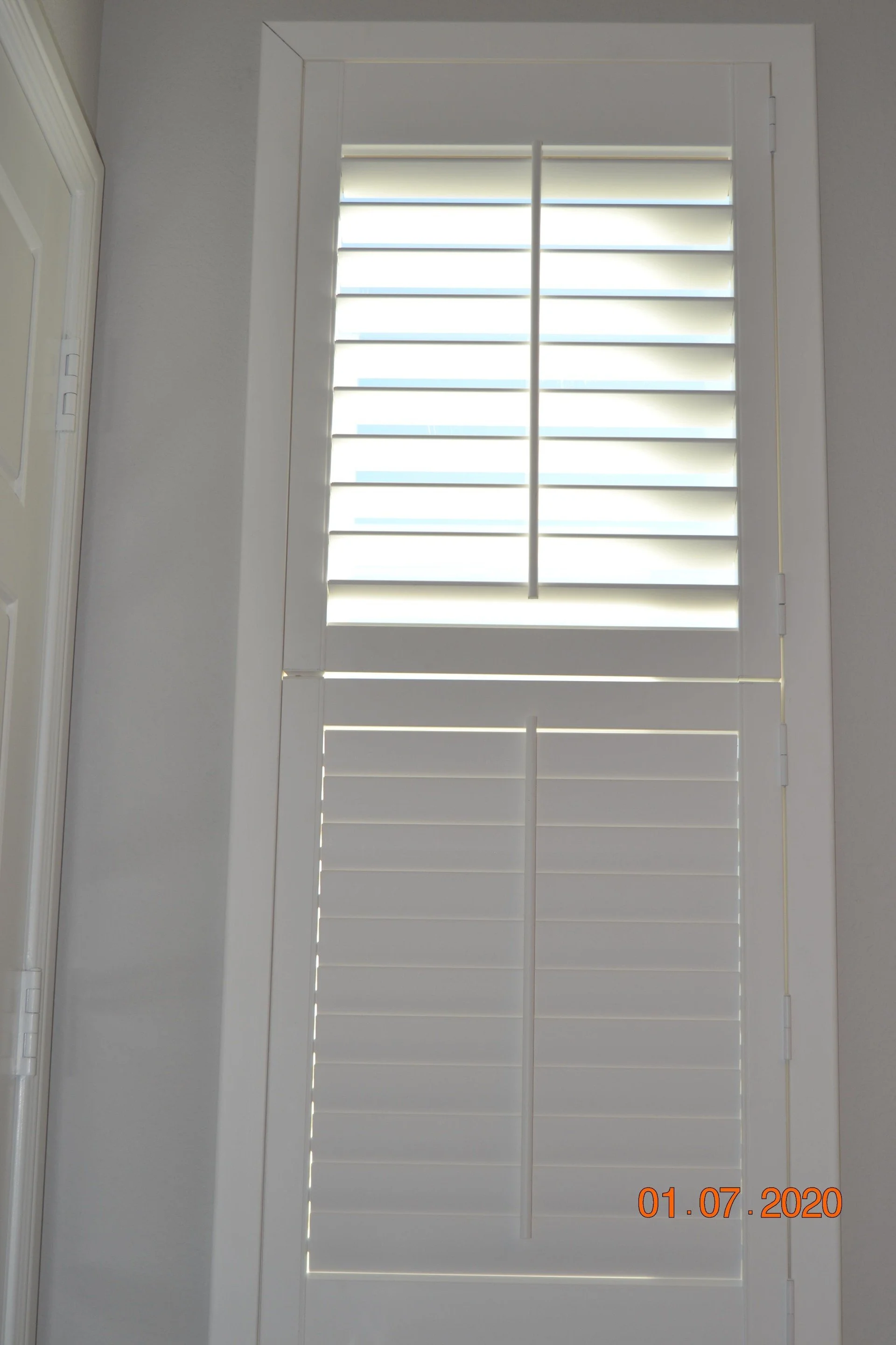 Hunter Douglas Palm Beach Polysatin Vinyl Shutters, double hung, bright white, deluxe casing frame, modern z frame, 2 1/2" louvers with front tilt, 1 panel.