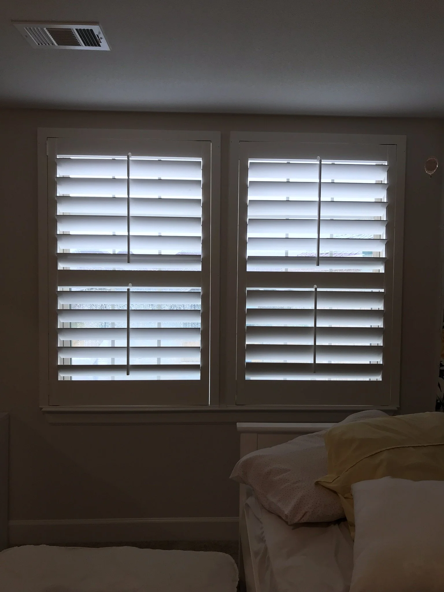 Wood Shutters with tilt rods, painted white, flat master frame, divider rails, 1 panel.