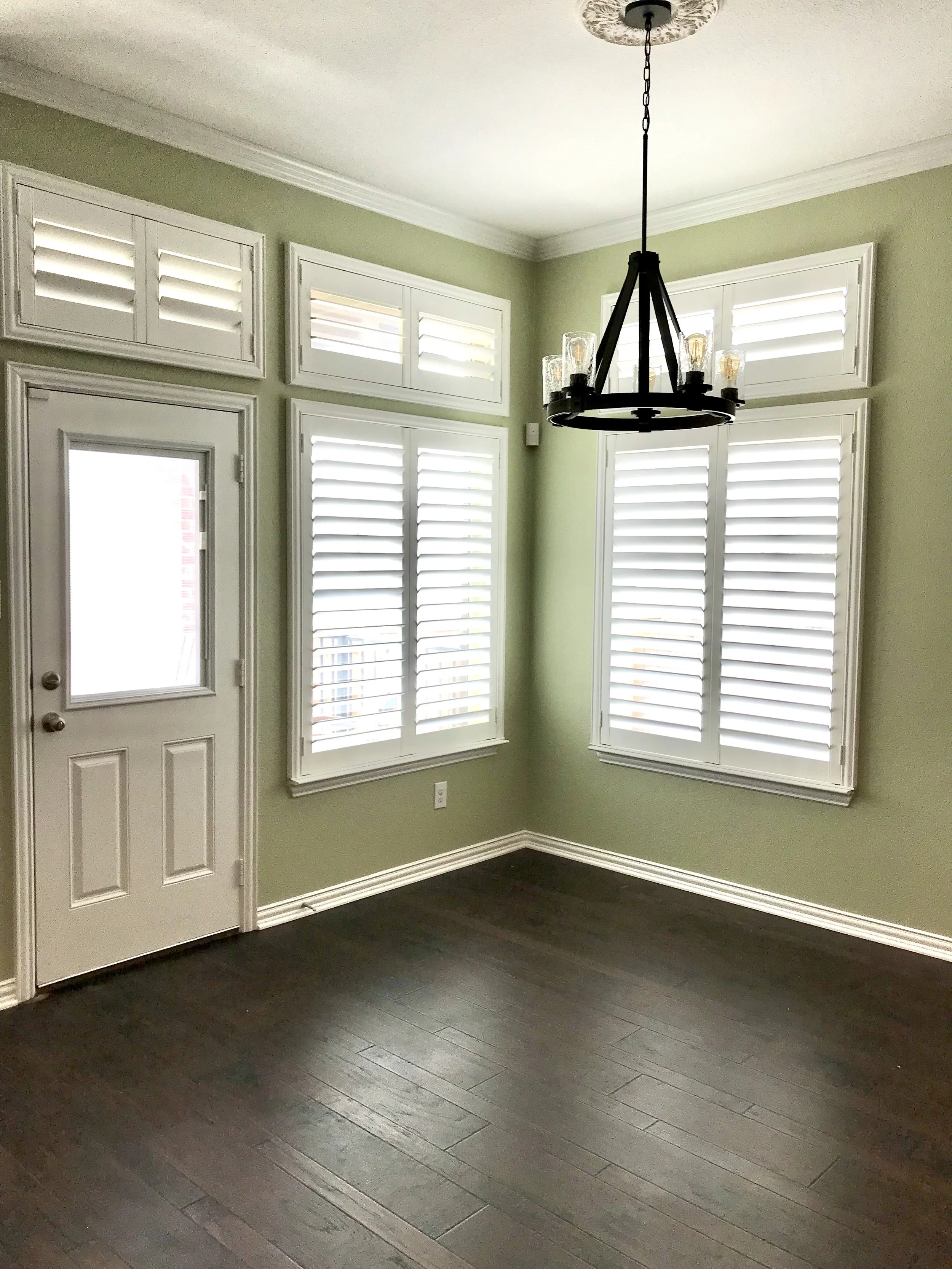 Custom wood shutters with Clearview (no tilt rods), Sherwin Williams Extra White, Belair master and z frame, 3 1/2" louvers, splits @ 50%, 2 panels, 2 panel transoms.