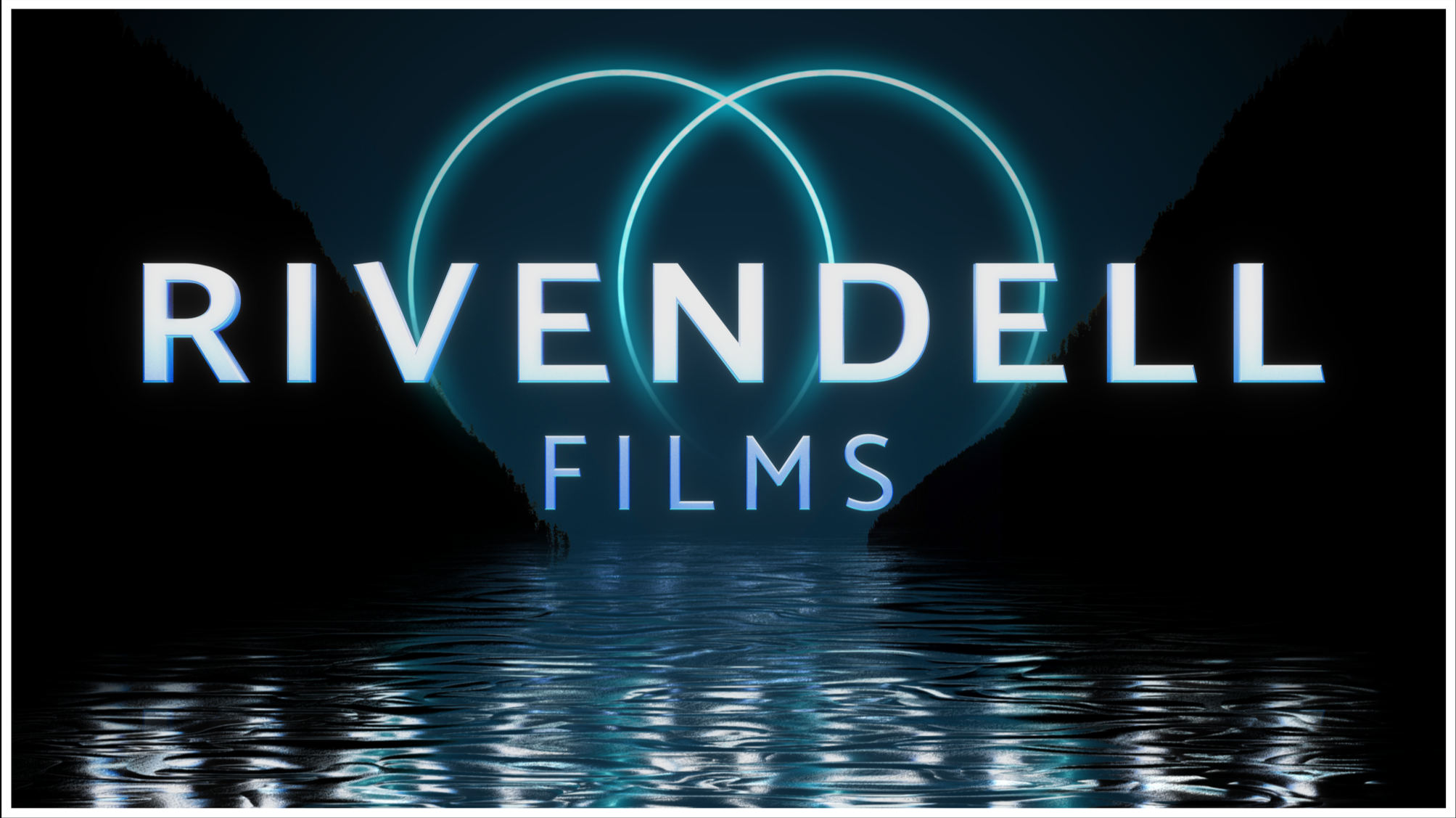 Rivendell Films logo with glowing text over a dark, mountainous landscape reflected on water at night.