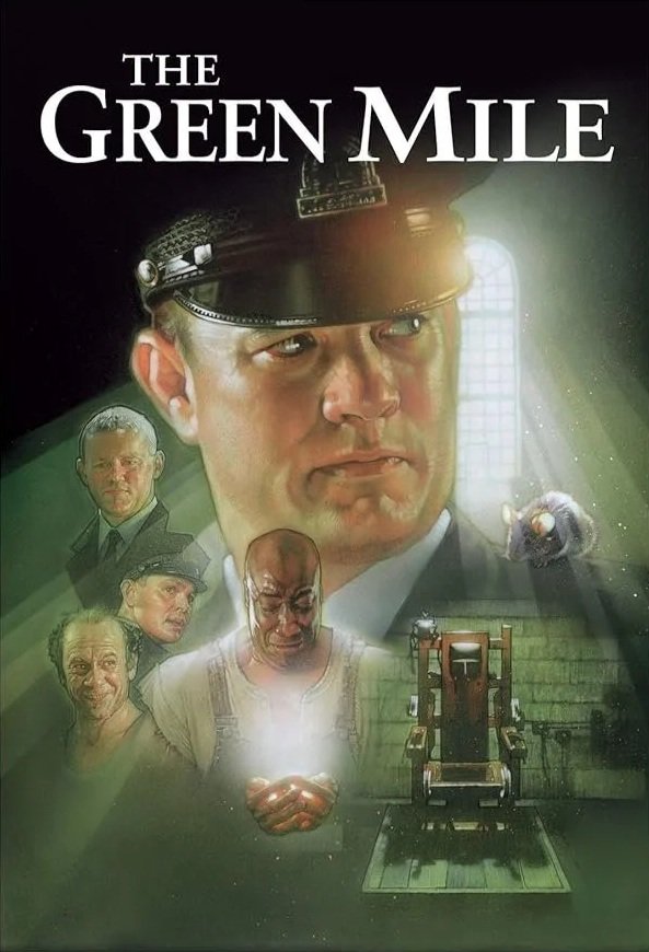 A promotional poster for the TV series 'The Green Mile,' featuring a large face of a man in a prison guard's uniform, with several other characters depicted around him, including a man in a white shirt holding a glowing object, and a mouse near a woo