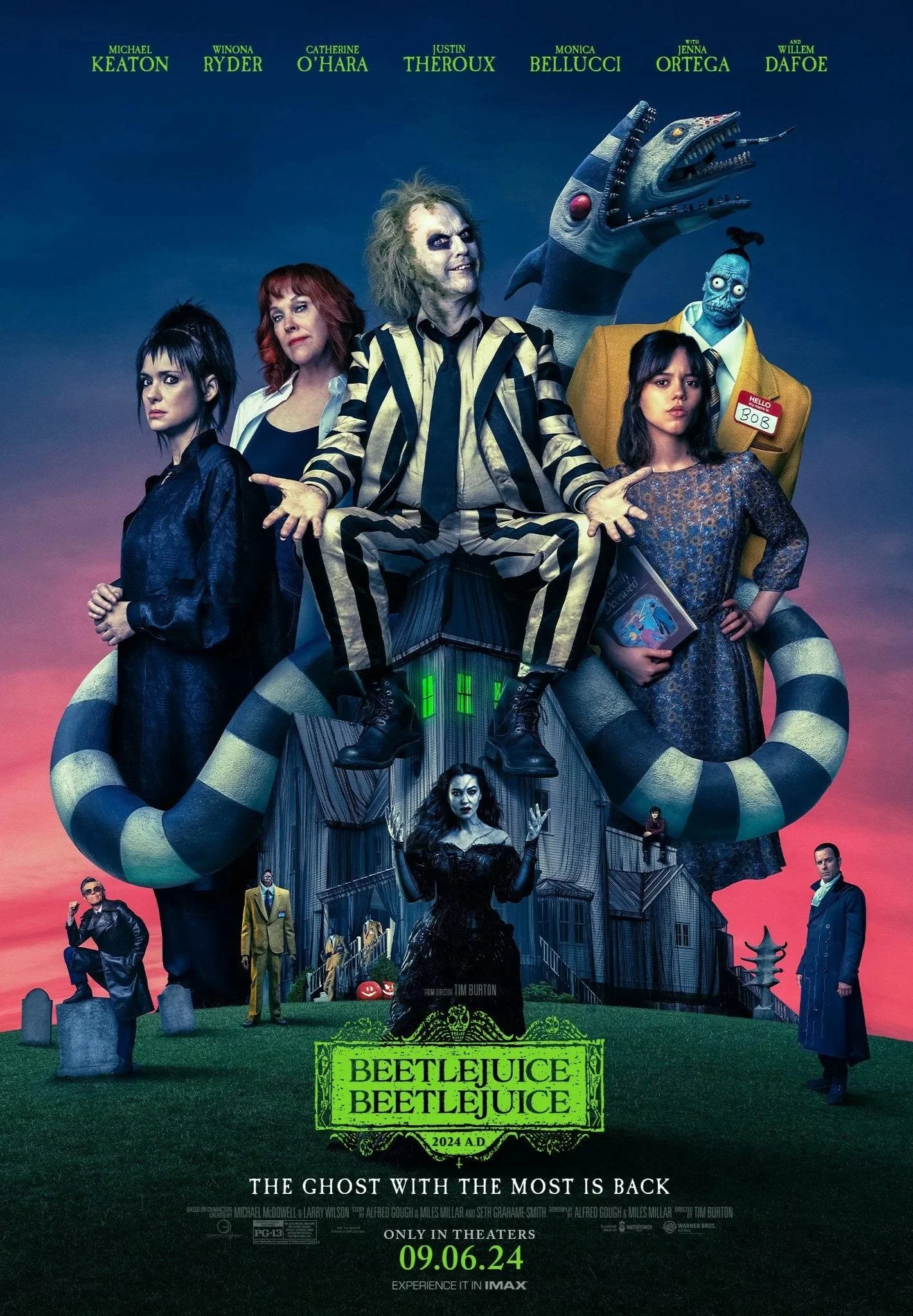 A movie poster for 'Beetlejuice Beetlejuice' showing the main cast, including Beetlejuice, Lydia, and other characters, with a spooky house and graveyard in the background, and the release date of September 6, 2024.