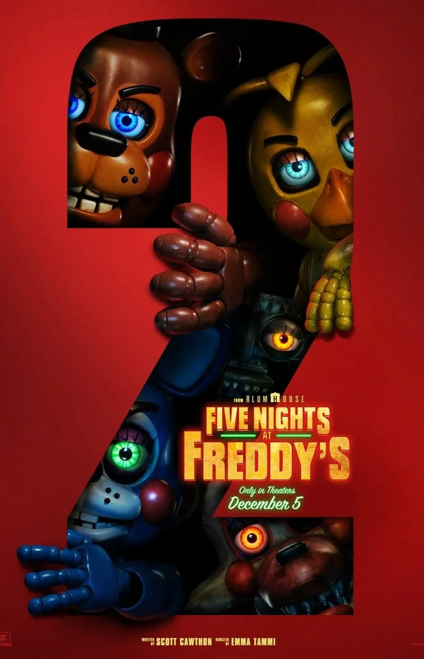 Promotional poster for the movie Five Nights at Freddy's depicting various animated animatronic characters with glowing eyes inside a large red number 9, with the movie title and release date.