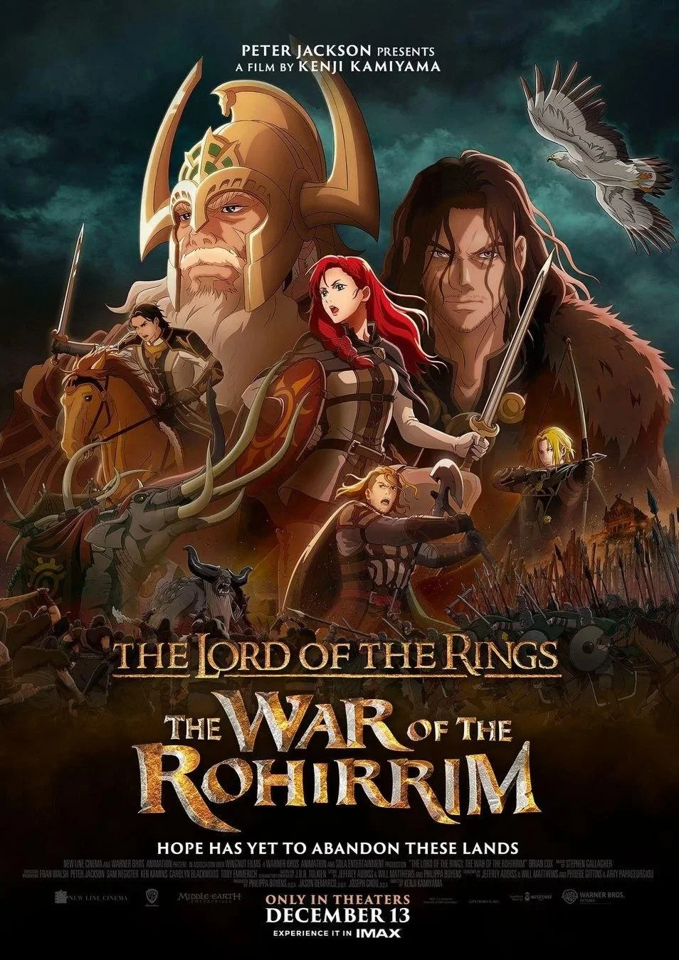 Promotional poster for the animated film 'The Lord of the Rings: The War of the Rohirrim' showing several characters including a warrior woman with red hair, a bearded wizard donning a crown and armor, and a man with long dark hair holding a sword, a