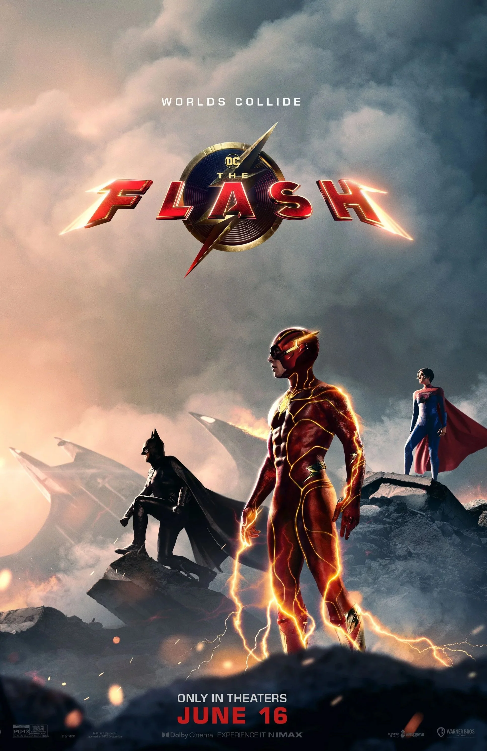 Promotional poster for the movie "The Flash" showing the Flash in the foreground with lightning strikes, Batman, and Supergirl in the background, with a stormy sky and destroyed landscape.