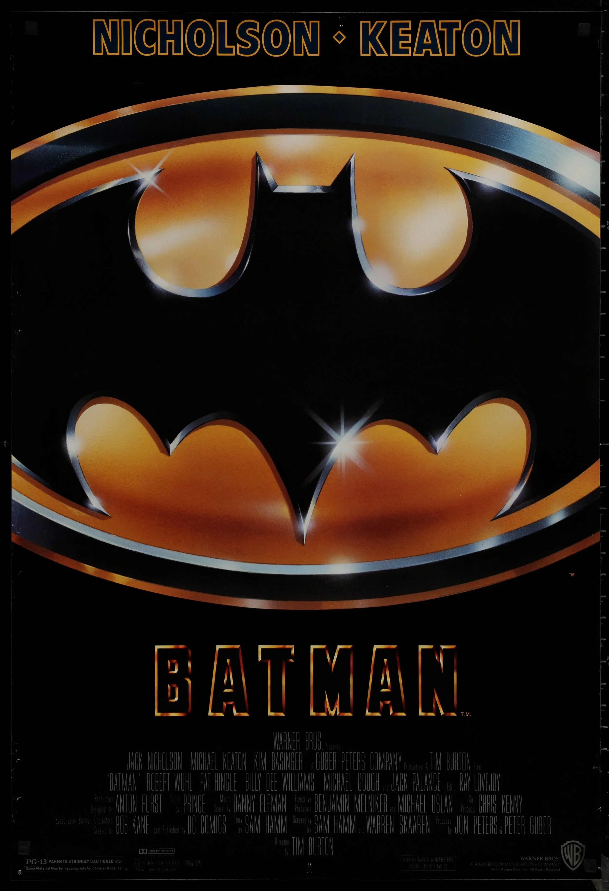 Poster for Batman movie featuring the iconic bat symbol, with black and orange color scheme and the names Nicholson and Keaton at the top.