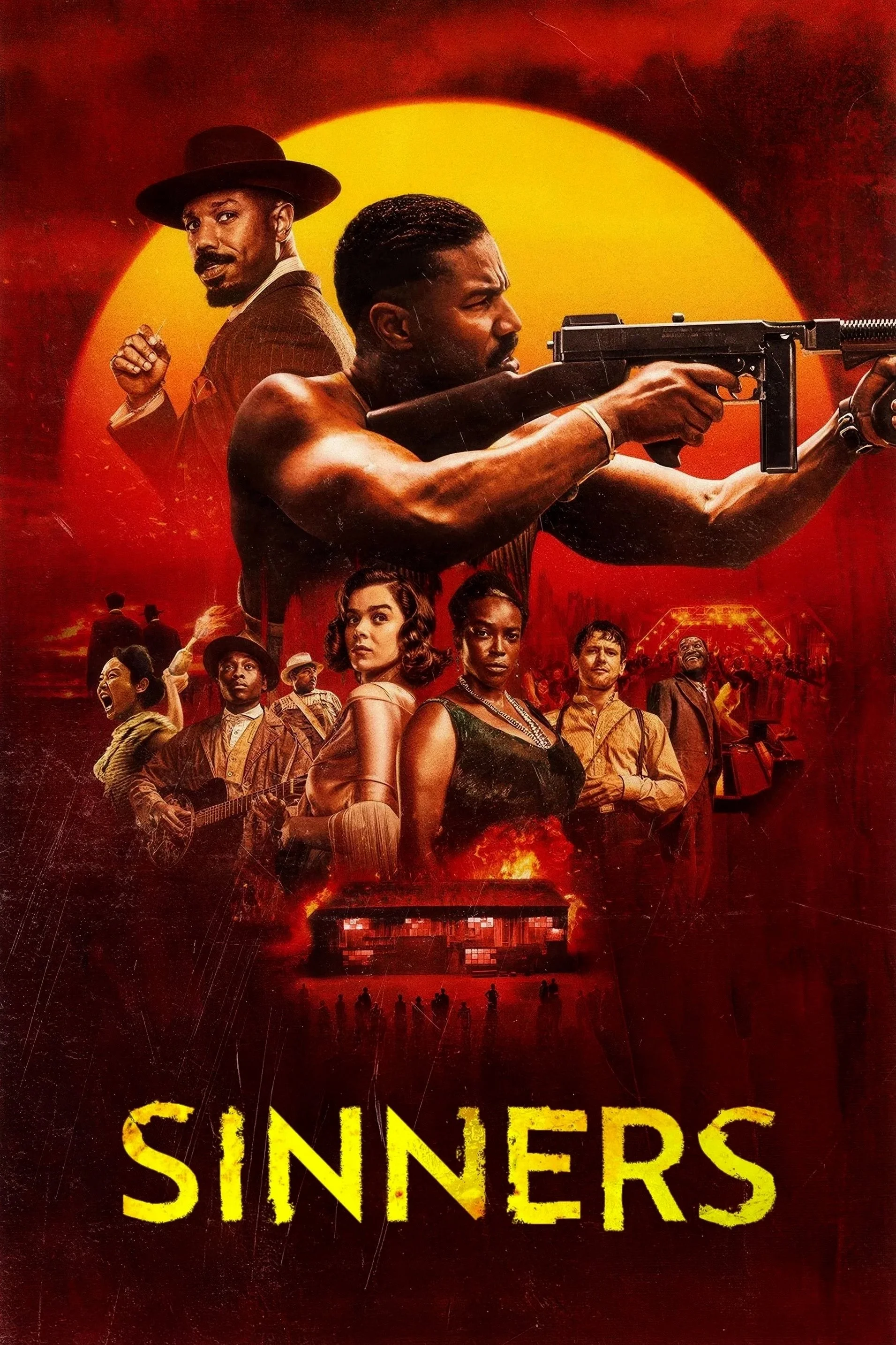 A movie poster titled 'Sinners' showing a man aiming a gun, a man in a hat, several other characters, and a burning building in a fiery background.